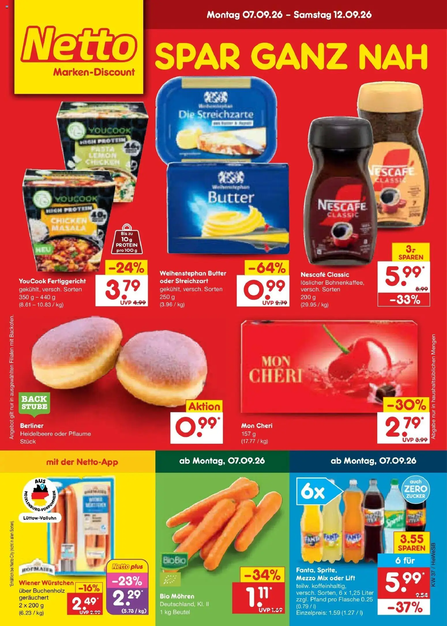 Vorschau von dem Prospekt des Geschäftes Netto Marken-Discount, gültig ab dem 07.09.2026 - Butter, Berliner, Zucker, Nescafe, Youcook, Weihenstephan butter, Nescafe classic, Wiener wurstchen