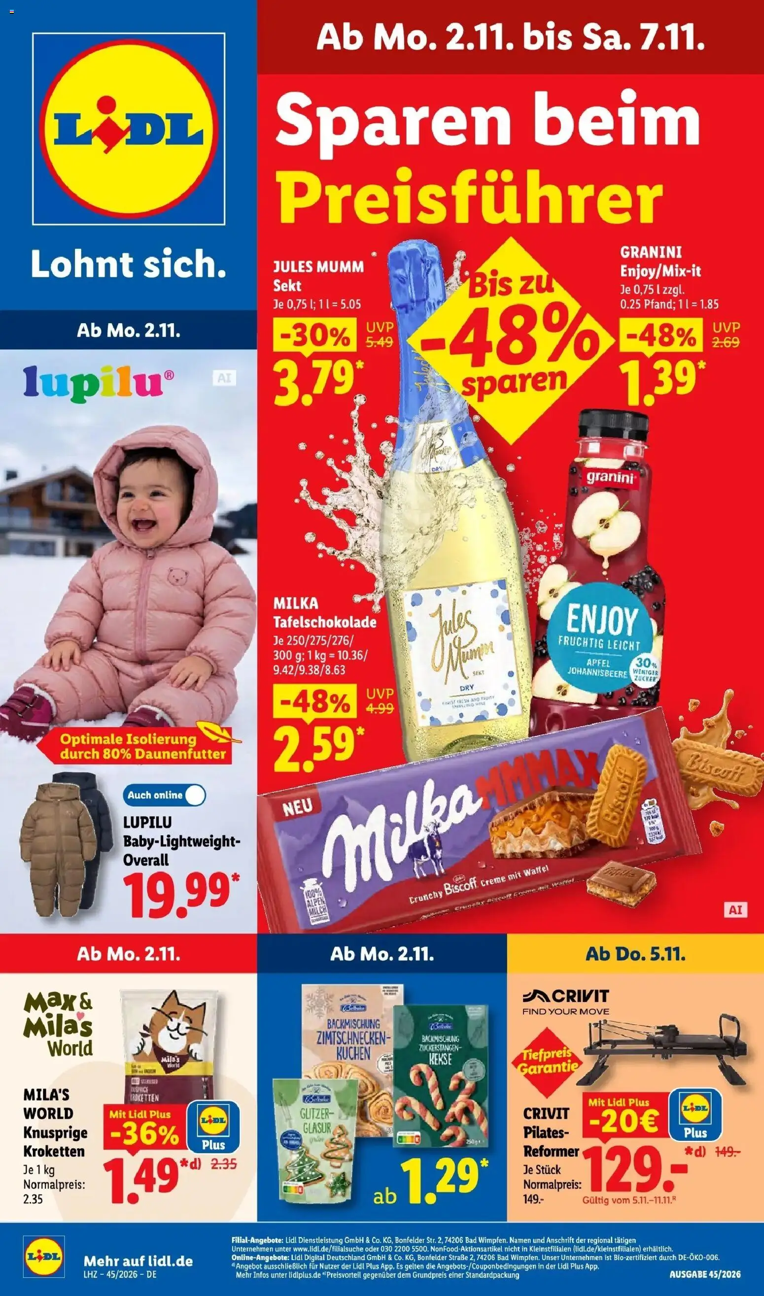 Vorschau von dem Prospekt des Geschäftes Lidl, gültig ab dem 02.11.2026 - Kuchen, Äpfel, Kekse, Sekt, Overall, Creme, Mumm sekt, Jules mumm