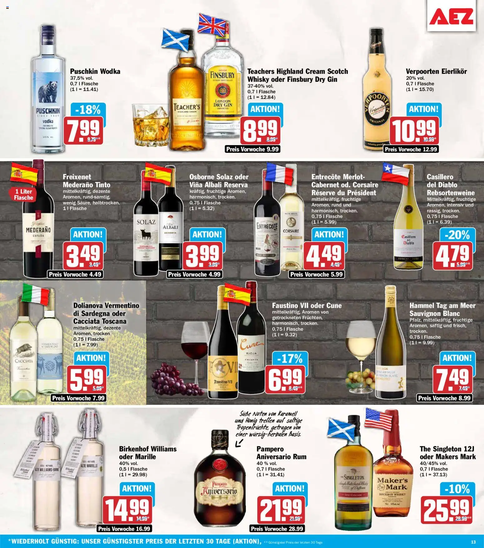Vorschau von dem Prospekt des Geschäftes AEZ, gültig ab dem 02.11.2026 - Whisky, Entrecote, Gin, Vodka, Bourbon, Freixenet, Merlot, Osborne