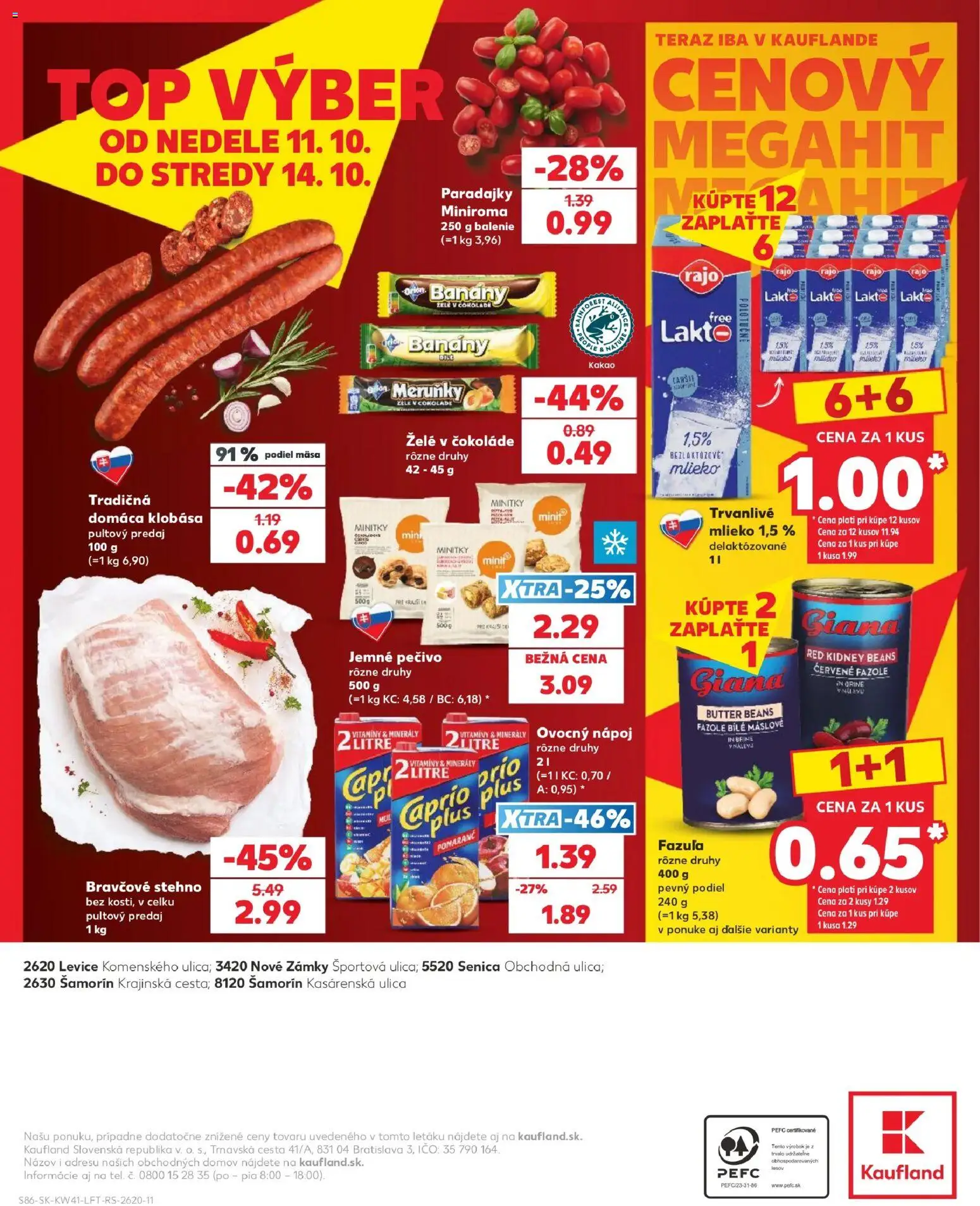 Náhľad Kaufland letáku platného od 08.10.2026 - Mlieko, Paradajky, Kakao, Klobása, Fazuľa, Bravčové stehno, Pečivo, Banány