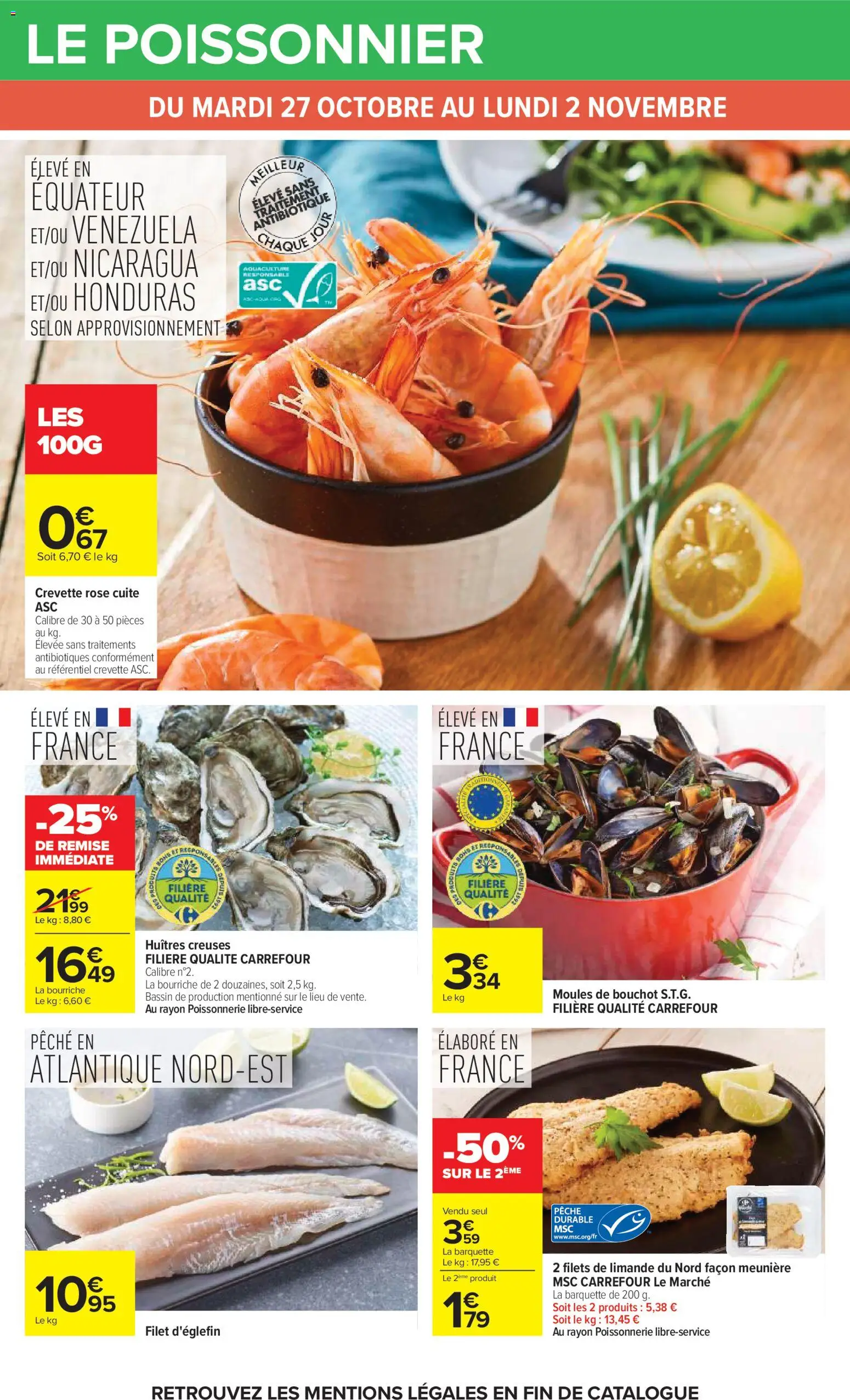 Prévisualisation de Carrefour Vos promos du quotidien du magasin Carrefour formulaire valide 27/10/2026 - Poissonnerie, Huîtres, Moules, Pêche, Crevette, Moules de bouchot, Filets de limande, Huitres creuses