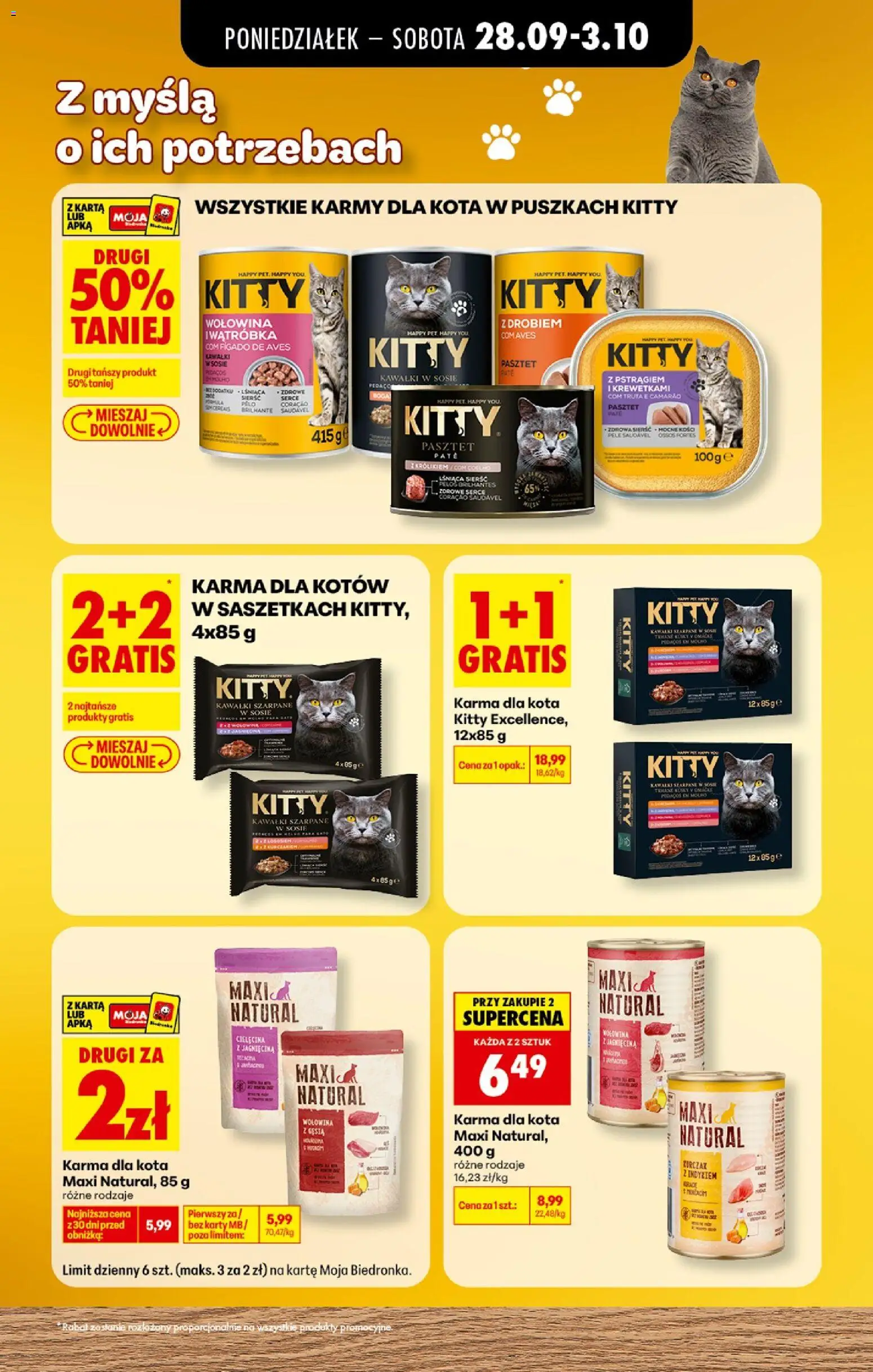 Pogląd gazetki "Biedronka gazetka - Petfood" ze sklepu Biedronka ważnej od 28.09.2026 - Pasztet, Karma dla kota, Wołowina, Karma, Karta, Karma dla kotów, Maxi Natural, Kitty karma