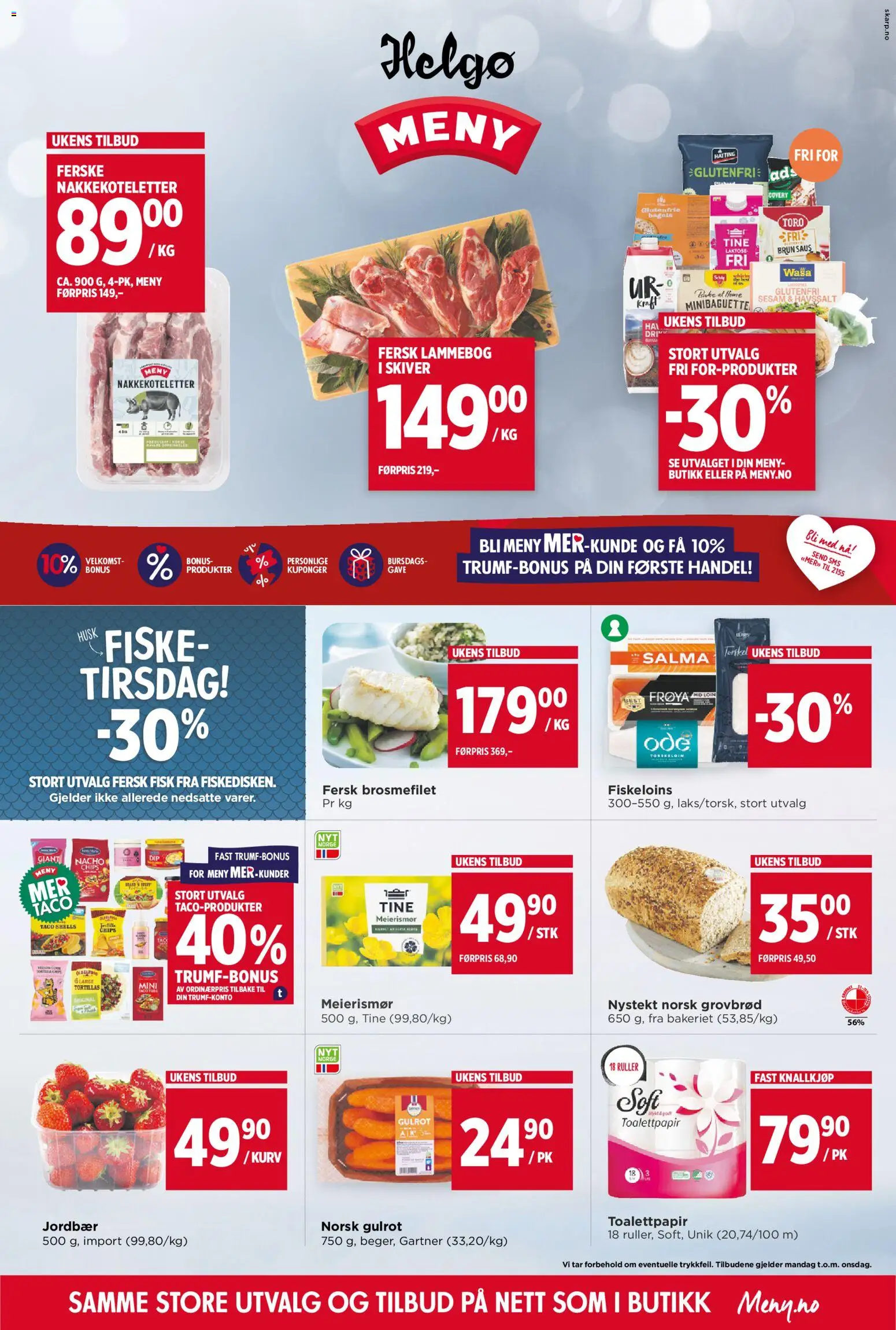 Forhåndsvis Meny Helgø kundeavis fra butikk Meny gyldig fra 12/10/2026 - Husk, Toalettpapir, Chips, Fisk, Jordbær, Gulrot, Saus, Kurv