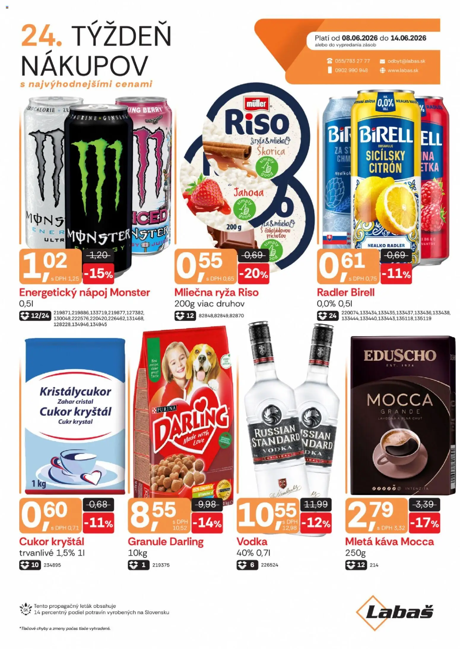 Náhľad Labaš letáku platného od 08.06.2026 - Káva, Vaňa, Radler, Mliečna ryža, Granule, Energetický nápoj, Mletá káva, Cukor kryštál