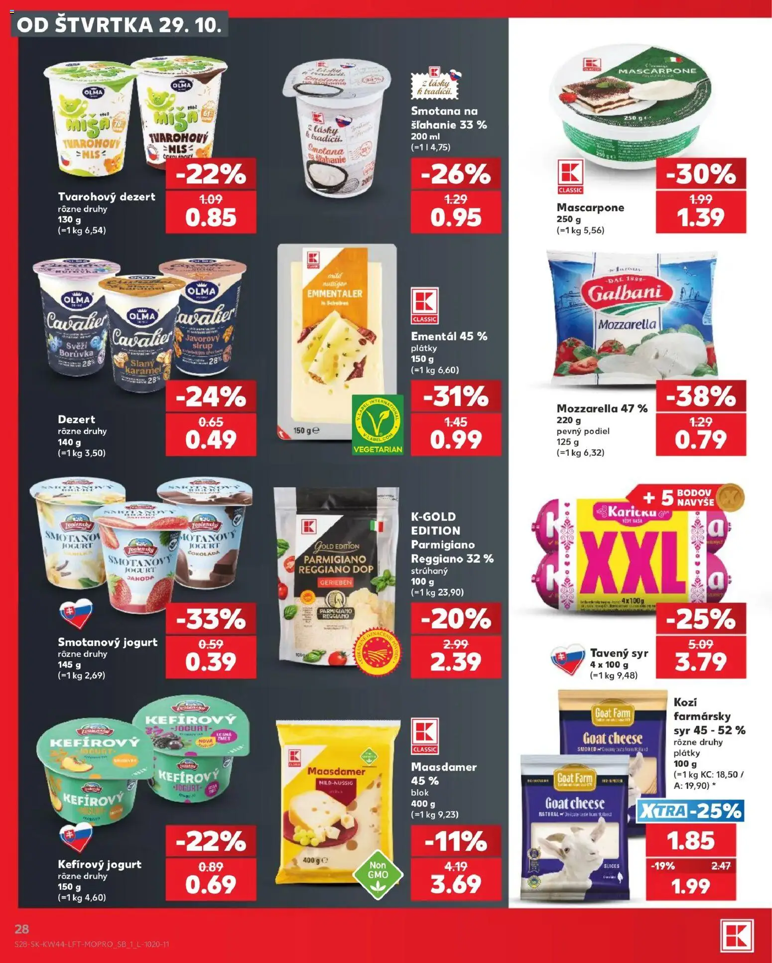 Náhľad Kaufland letáku platného od 29.10.2026 - Syr, Čokoláda, Mascarpone, Sirup, Smotana, Parmigiano Reggiano, Tavený syr, Smotanový jogurt
