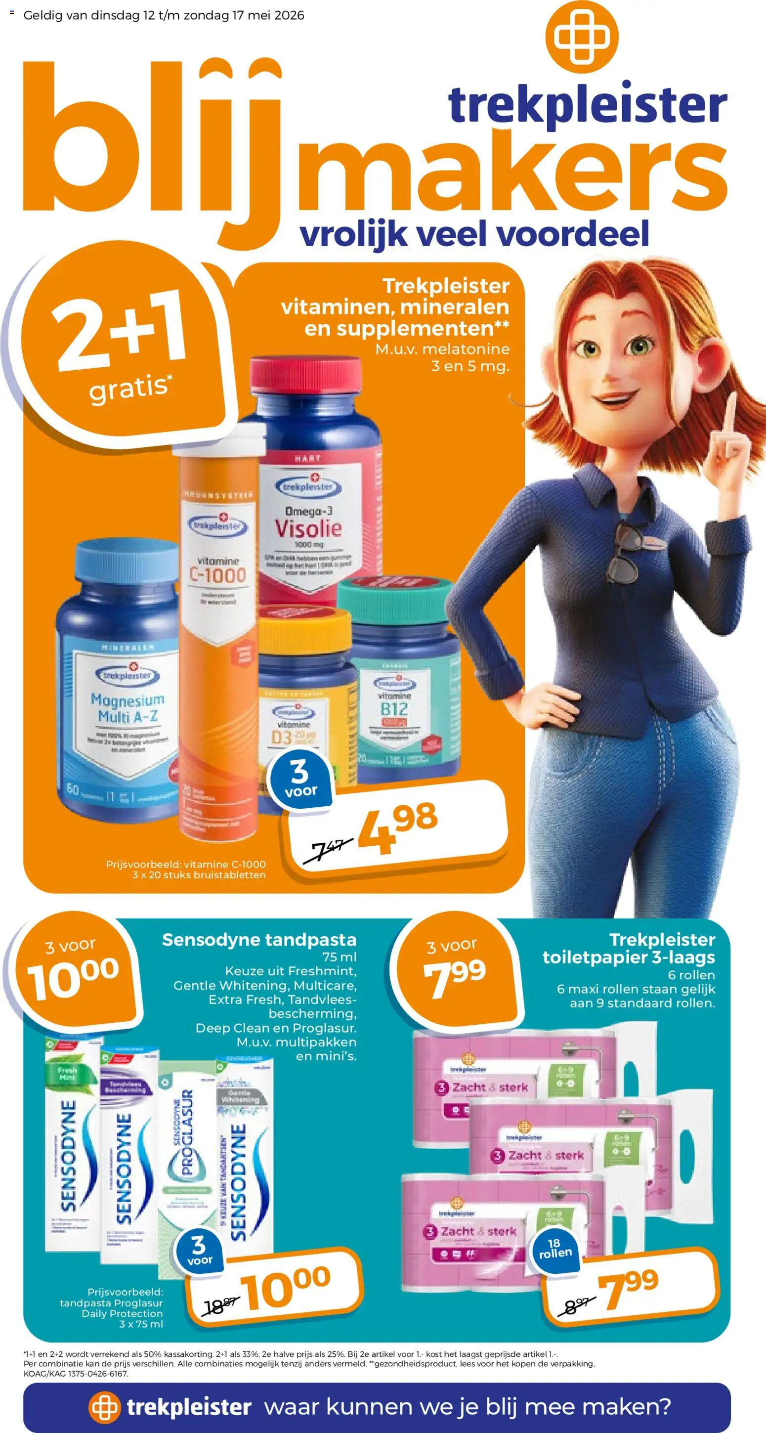 Voorbeeld van Trekpleister folder van winkel Trekpleister geldig vanaf 12-05-2026 - Tandpasta, Kan, Visolie, Supplementen, Toiletpapier, Bruistabletten