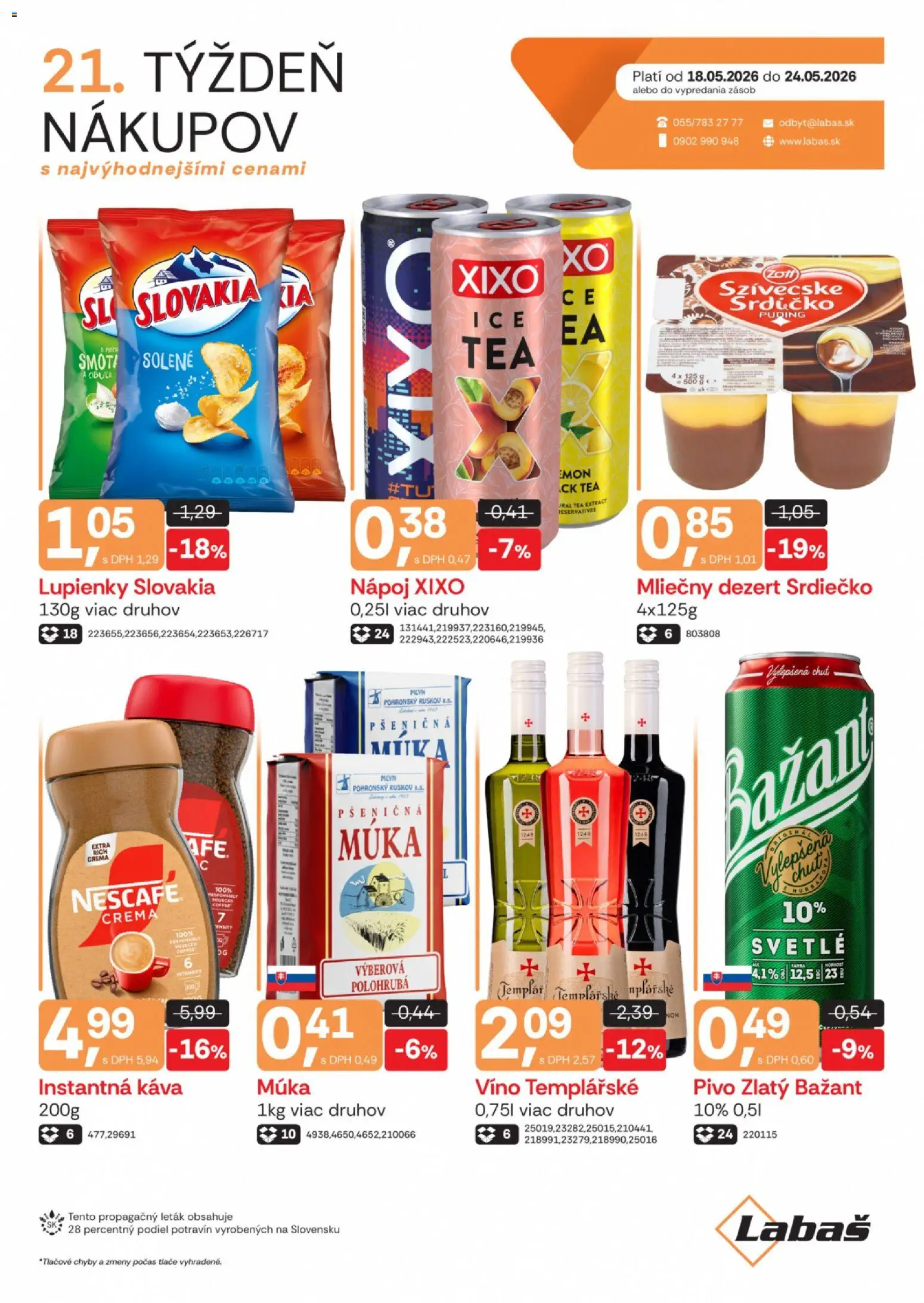 Náhľad Labaš letáku platného od 18.05.2026 - Káva, Pivo, Puding, Dezert, Cibuľa, Instantná káva, Zlatý Bažant, Pšeničná múka