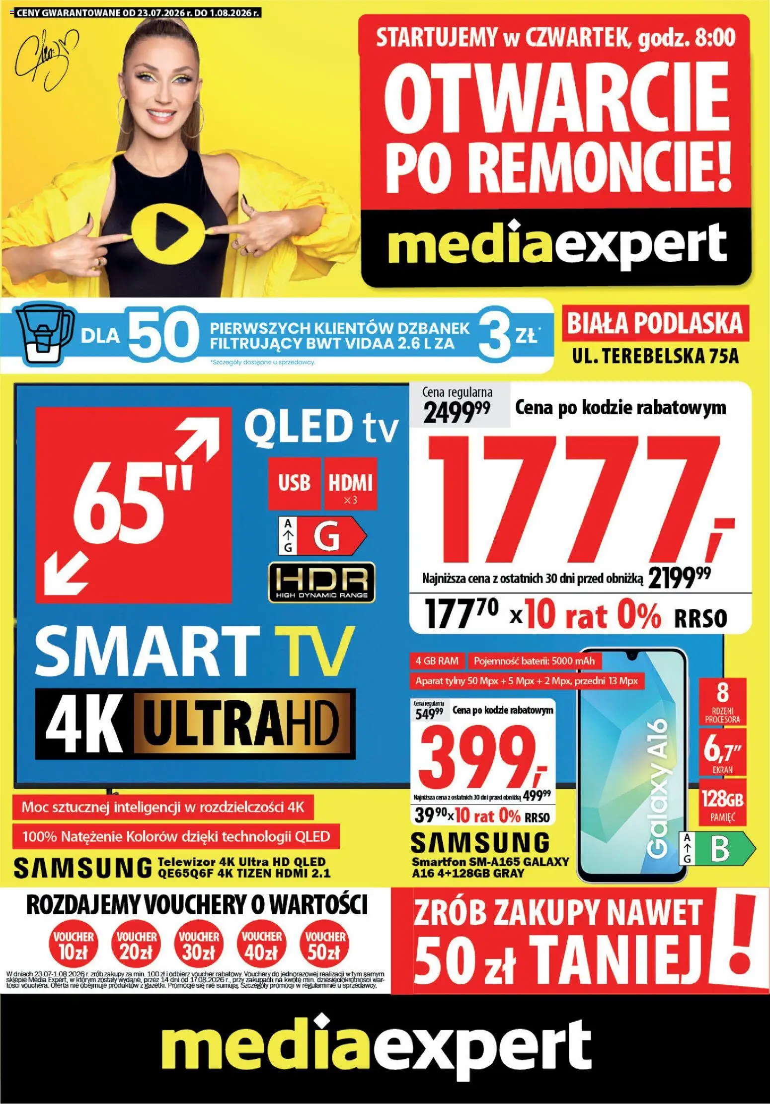 Pogląd gazetki "Mediaexpert promocje - Otwarcie po remoncie Biała Podlaska" ze sklepu Mediaexpert ważnej od 23.07.2026 - Telewizor, Smartfon, Dzbanek