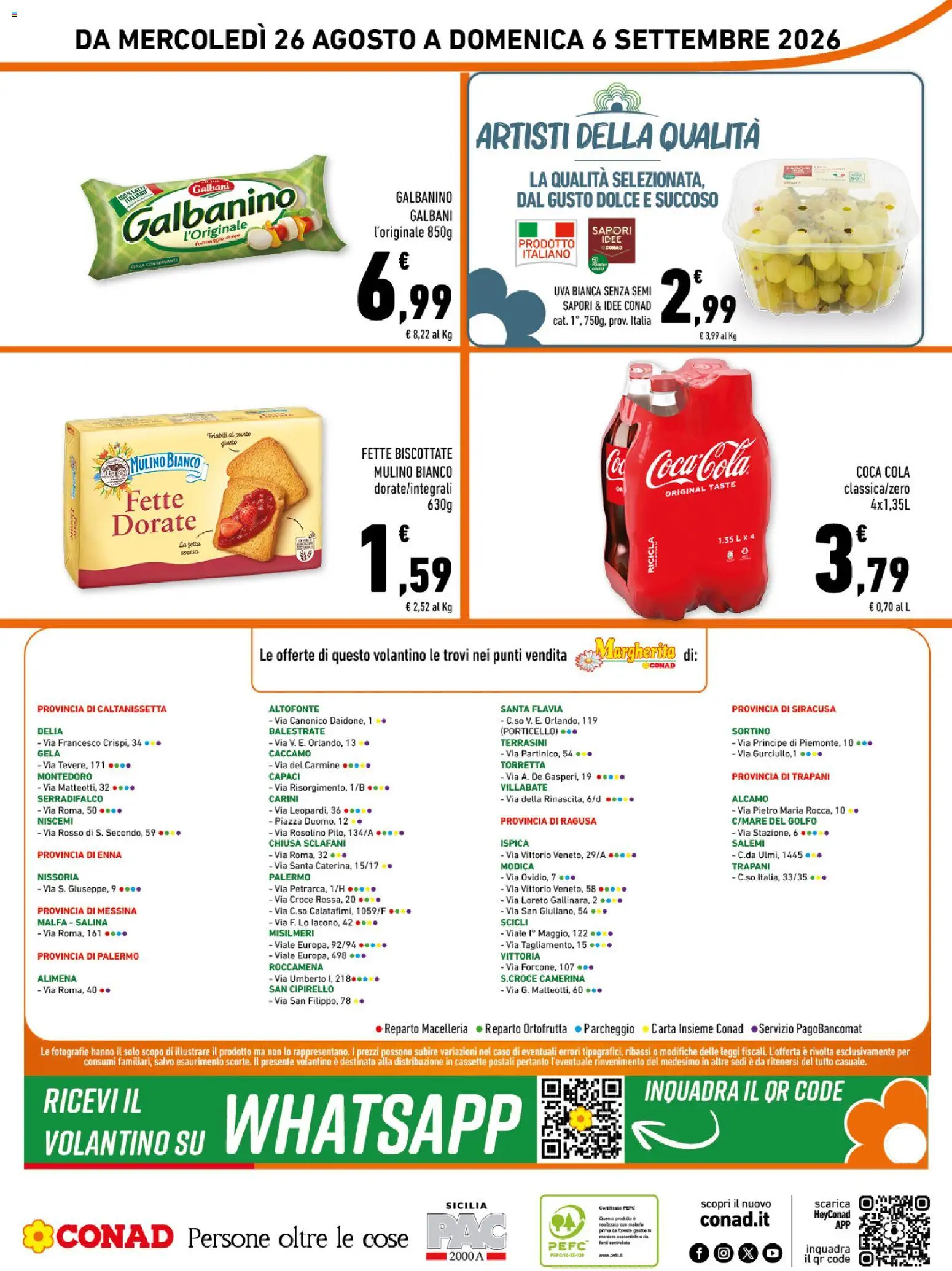 Anteprima dell'opuscolo Conad volantino Margherita Sicilia dal negozio Conad valido da 26/08/2026 - Coca Cola, Formaggio, Uva, Fette biscottate
