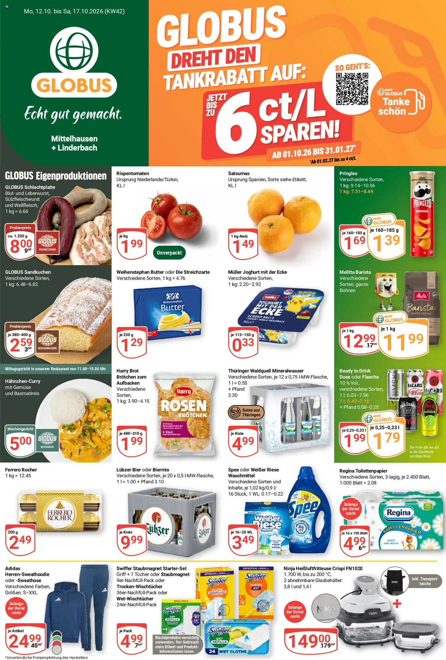 Vorschau von dem Prospekt des Geschäftes Globus, gültig ab dem 12.10.2026 - Uhr, Butter, Tasche, Brot, Bacardi, Ferrero rocher, Swiffer, Melitta