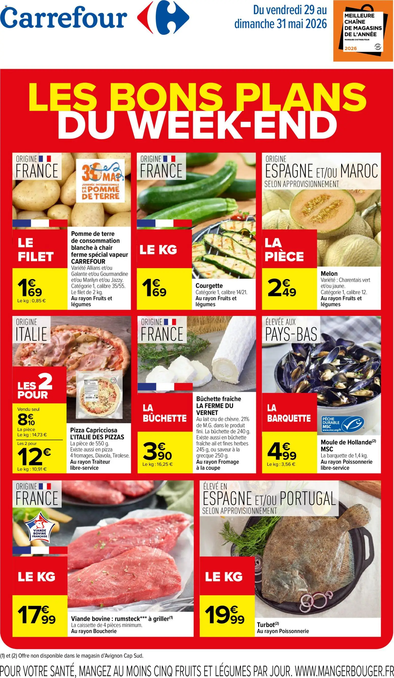 Prévisualisation de Carrefour les bons plans du week-end du magasin Carrefour formulaire valide 29/05/2026 - Poissonnerie, Pomme, Courgette, Pêche, Lait, Viande, Viande bovine, Rumsteck