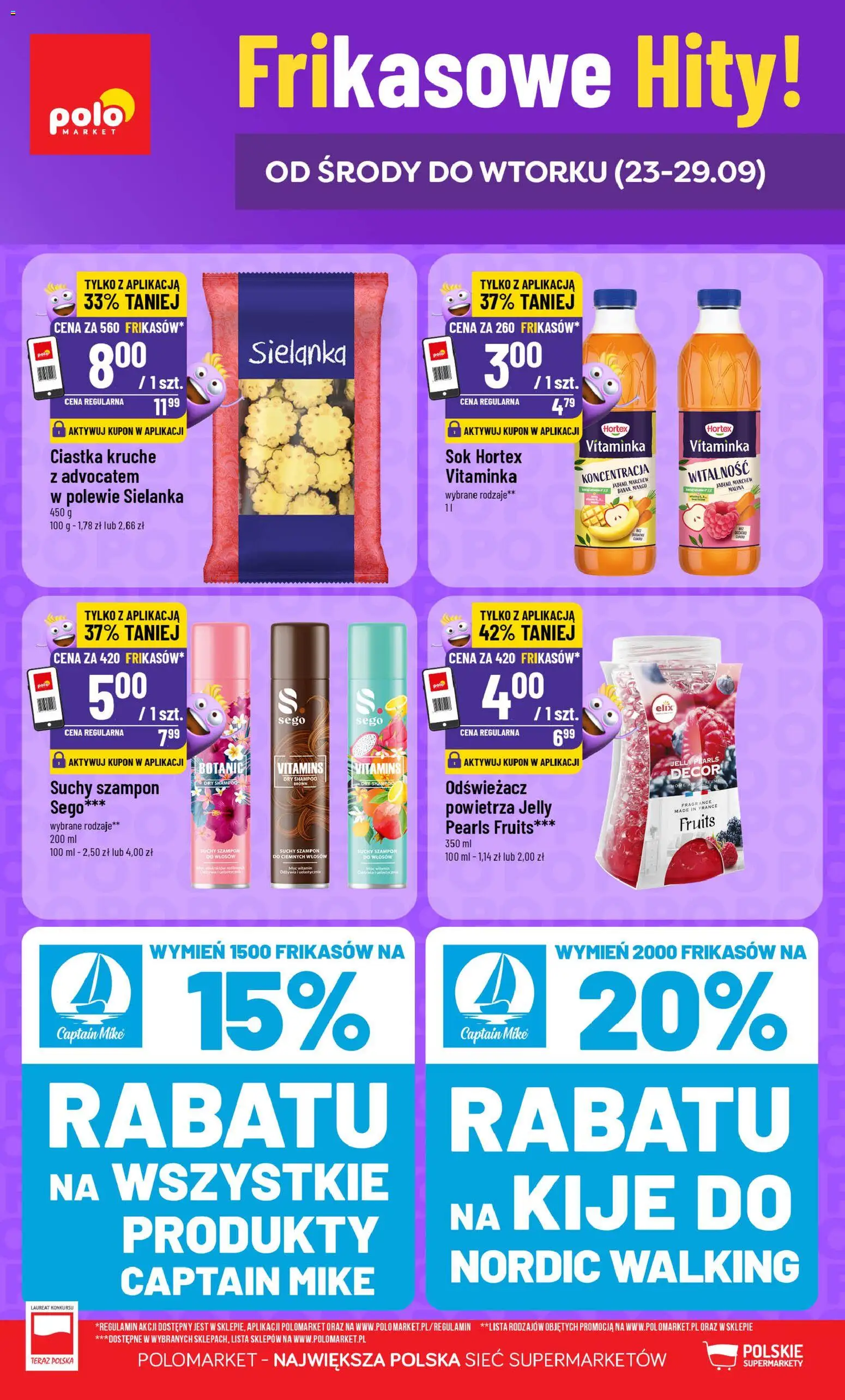 Pogląd gazetki "POLOmarket gazetka - Frikasowe Hity" ze sklepu POLOmarket ważnej od 23.09.2026 - Marchew, Malina, Szampon do włosów, Ciastka kruche, Sok, Szampon, Suchy szampon, Odświeżacz