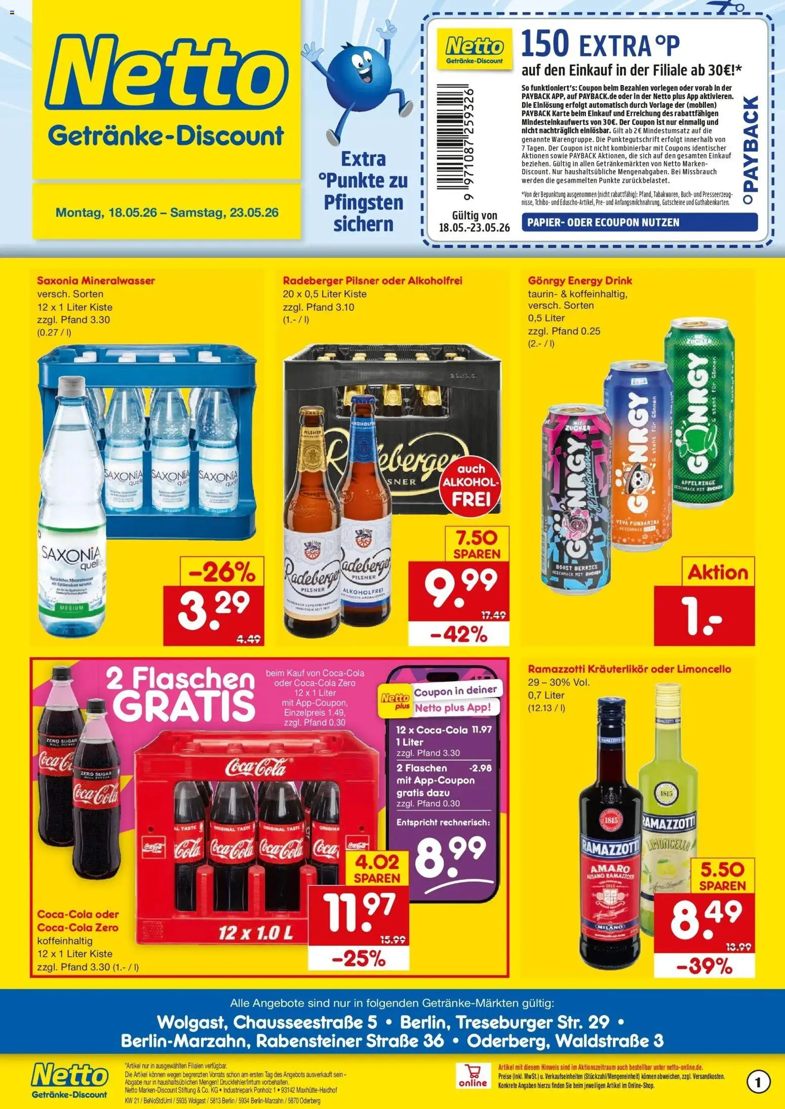 Vorschau von dem Prospekt des Geschäftes Netto Marken-Discount, gültig ab dem 17.05.2026 - Coca cola, Cola, Mineralwasser, Alkohol, Limoncello, Ramazzotti, Energy, Radeberger pilsner