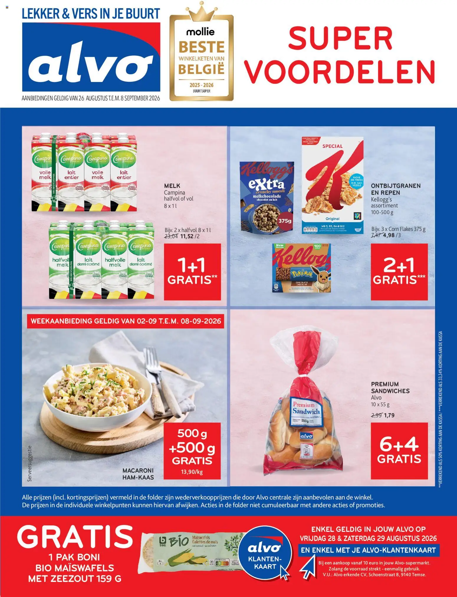 Voorbeeld van Alvo Folder van winkel Alvo geldig vanaf 26/08/2026 - Sandwich, Macaroni, Kaart, Maïs, Muesli, Melk, Zeezout, Ontbijtgranen