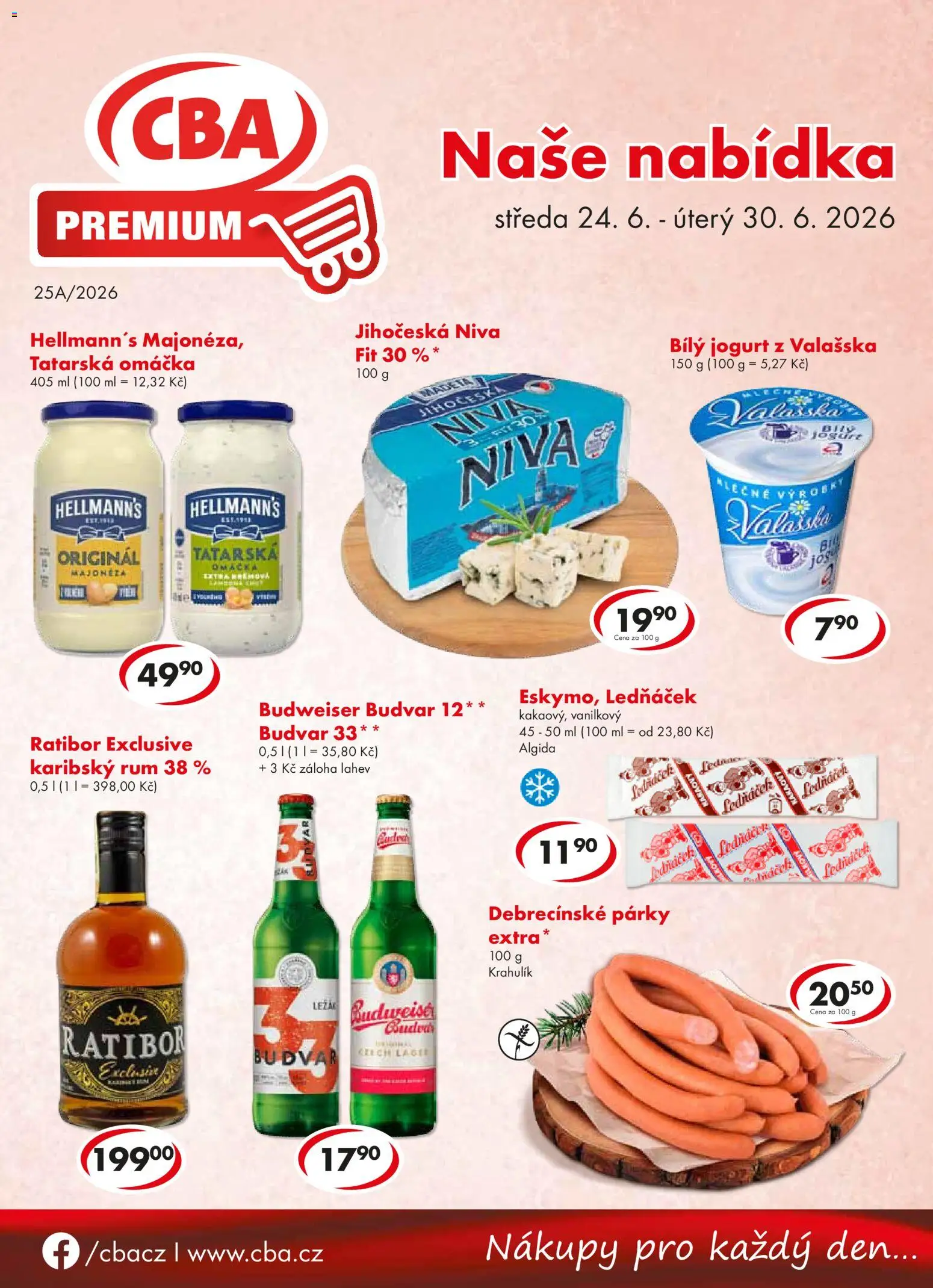 Náhled nabídky: CBA CBA leták - Premium platný od 24.06.2026 - Rum, Jogurt, Budvar, Párky, Láhev, Majonéza, Karibský rum, Hellmann's