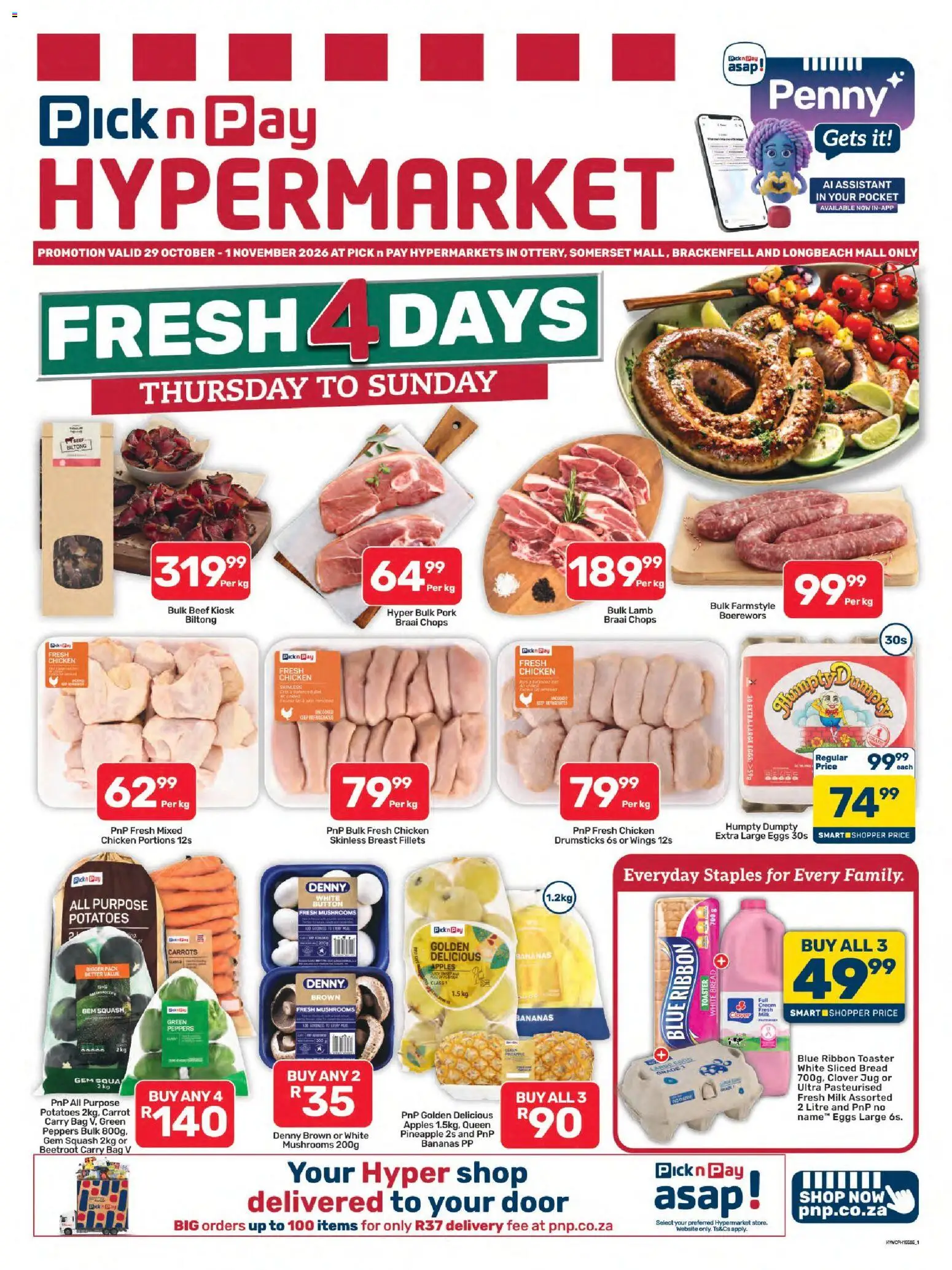 Preview of Pick n Pay flyer valid from 29/10/2026 - Apples, Chicken, Toaster, Bread, Potatoes, Mushrooms, Boerewors, Pork