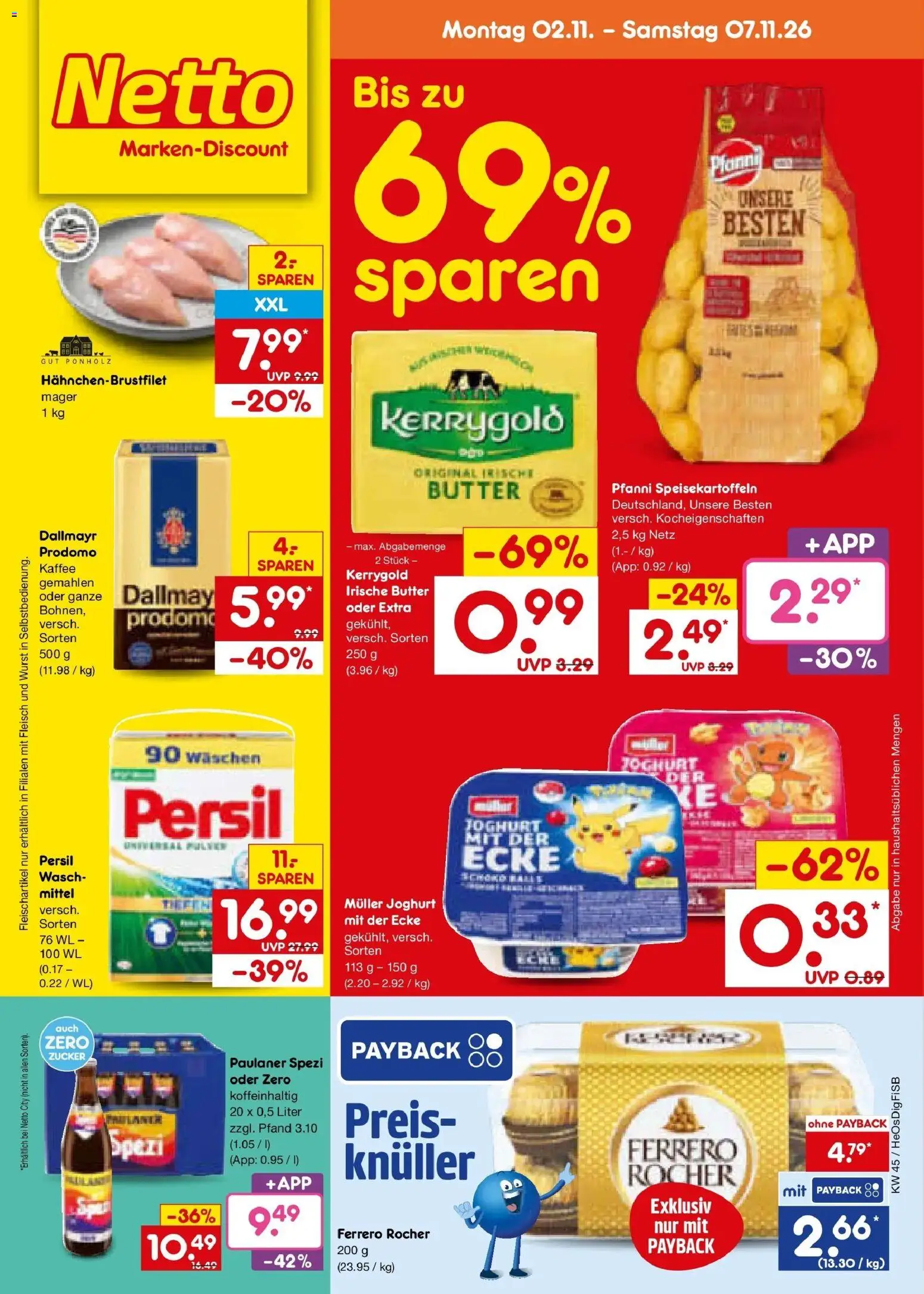 Vorschau von dem Prospekt des Geschäftes Netto Marken-Discount, gültig ab dem 02.11.2026 - Kaffee, Butter, Wurst, Dallmayr, Ferrero rocher, Zucker, Paulaner, Persil