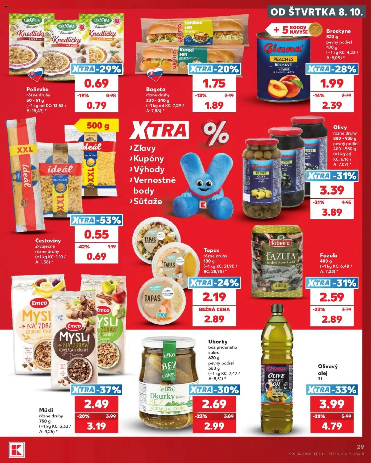 Náhľad Kaufland letáku platného od 08.10.2026 - Cestoviny, Olej, Orechy, Bageta, Fazuľa, Broskyne, Uhorky, Müsli