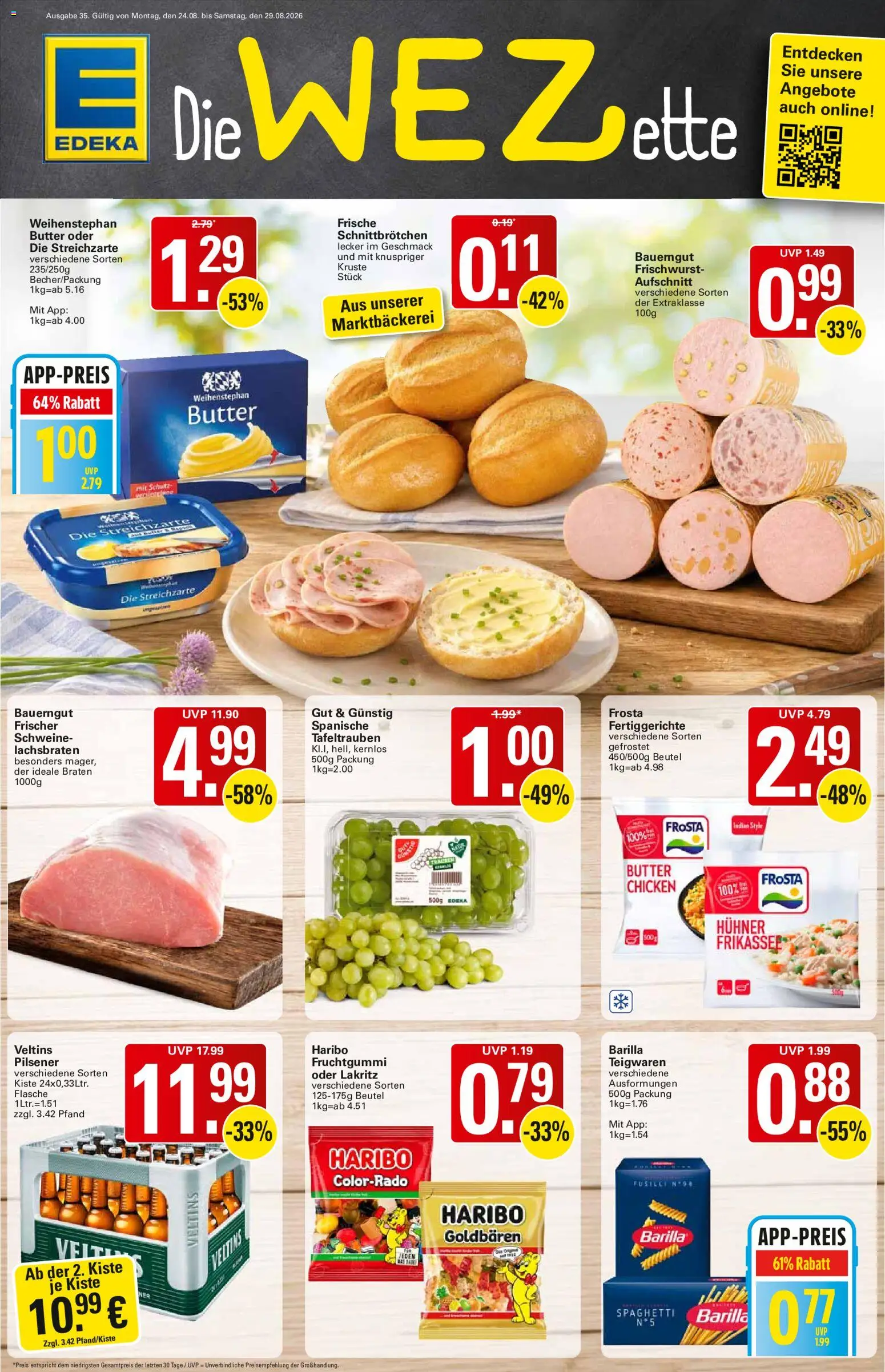 Vorschau von dem Prospekt des Geschäftes WEZ, gültig ab dem 24.08.2026 - Butter, Haribo, Spaghetti, Frosta, Veltins, Barilla, Fertiggerichte, Weihenstephan butter