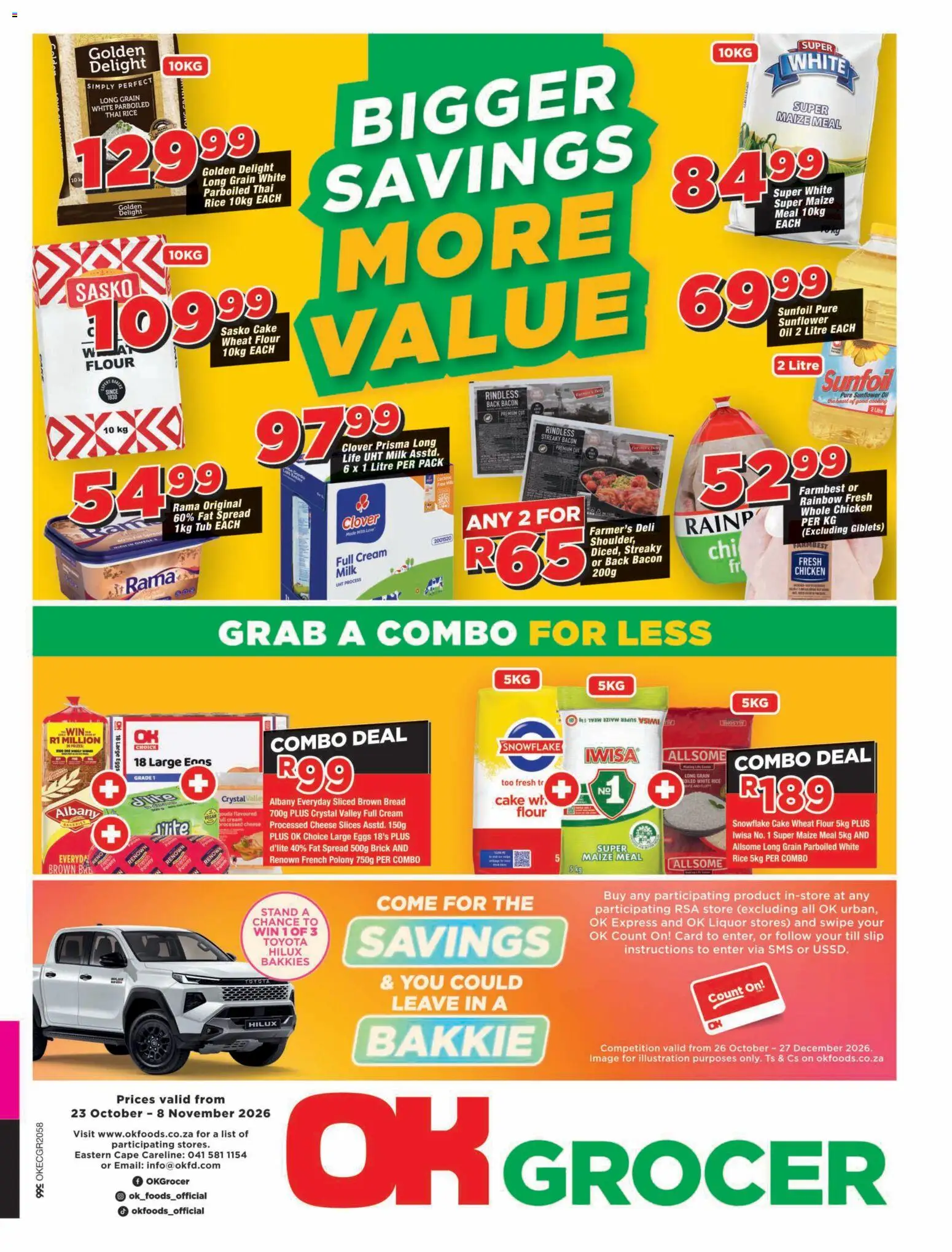 Preview of OK Foods flyer valid from 23/10/2026 - Cake, Chicken, Eggs, Milk, Cream, Bacon, Polony, Spread