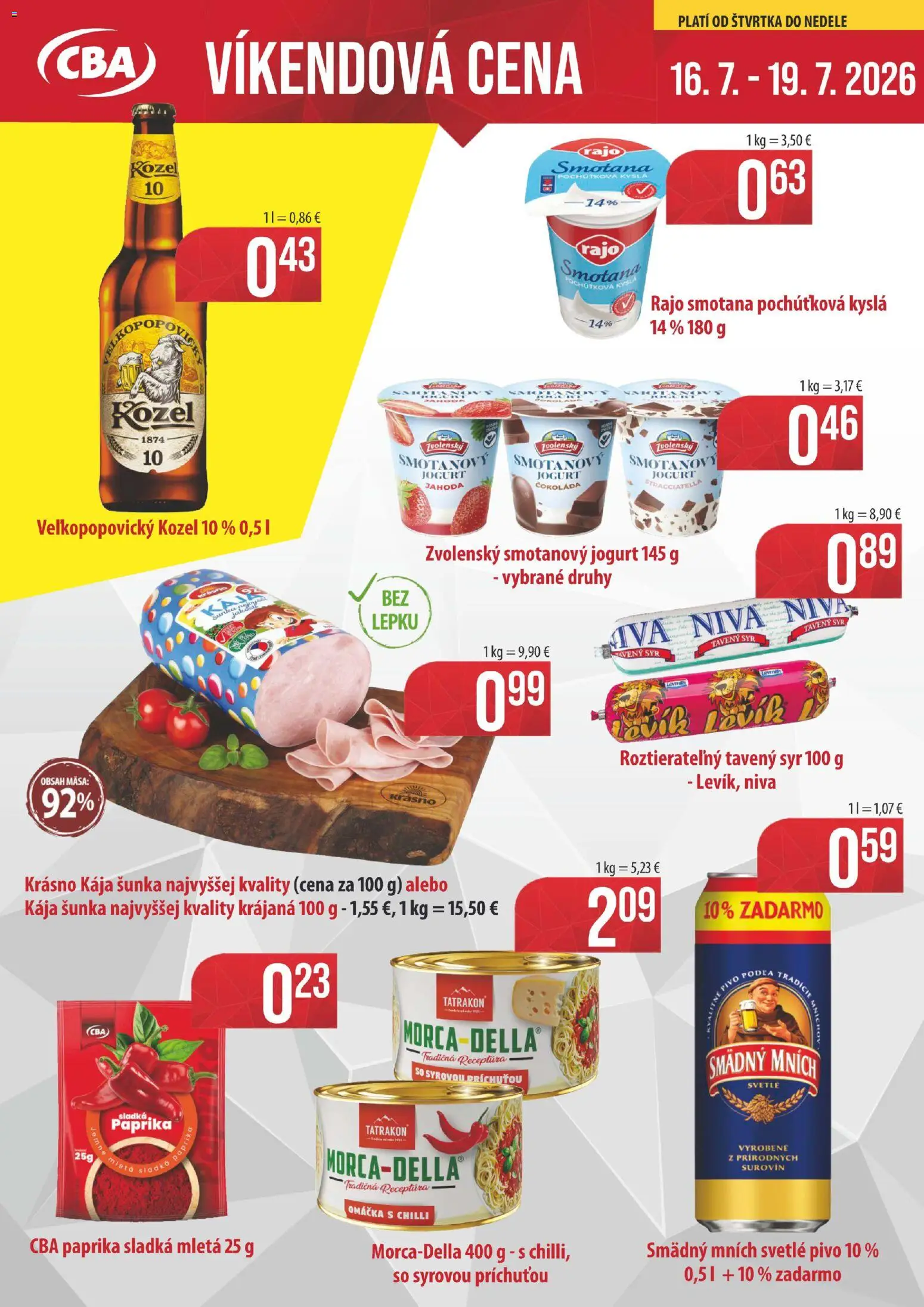 Náhľad CBA Komfos letáku platného od 16.07.2026 - Paprika, Syr, Chilli, Šunka, Omáčka, Smädný Mních, Tavený syr, Smotanový jogurt