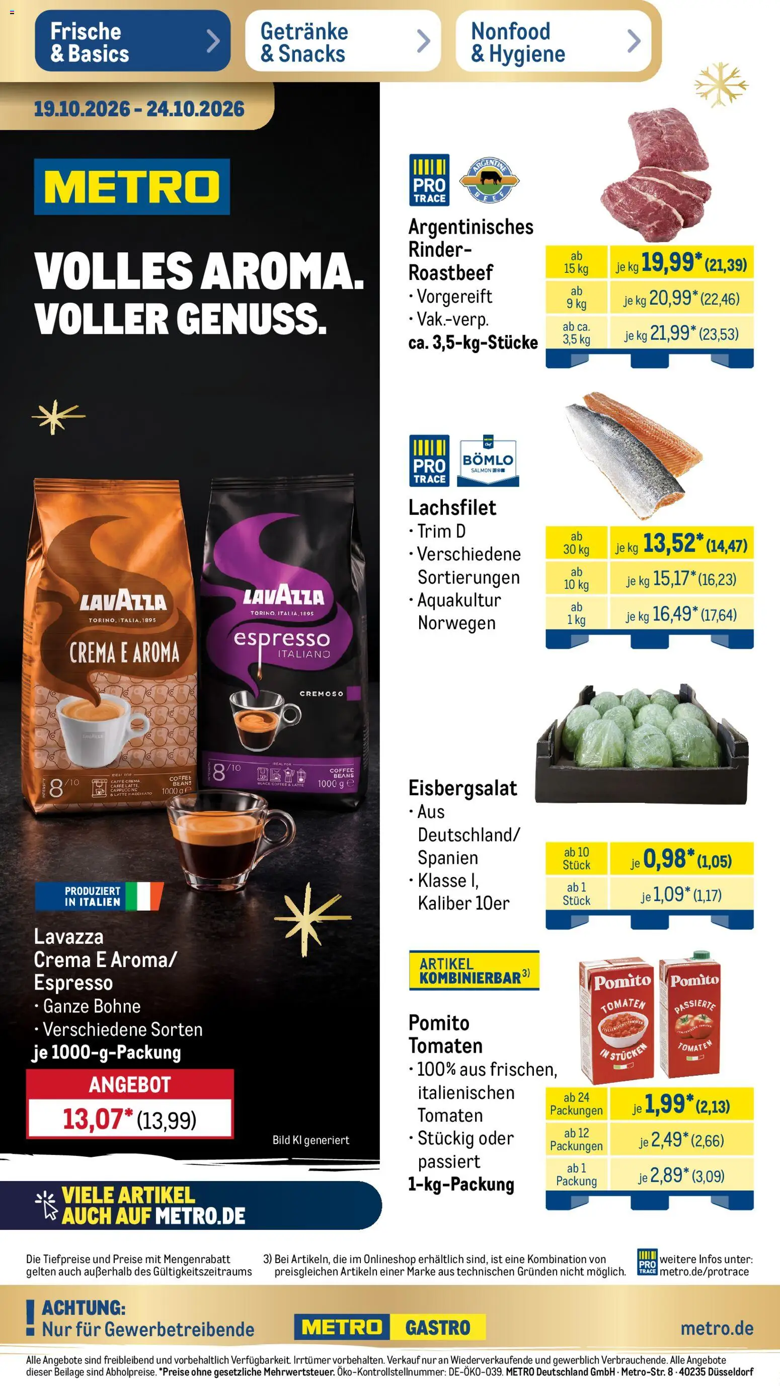 Vorschau von dem Prospekt des Geschäftes Metro, gültig ab dem 19.10.2026 - Roastbeef, Lavazza, Tomaten, Eisbergsalat