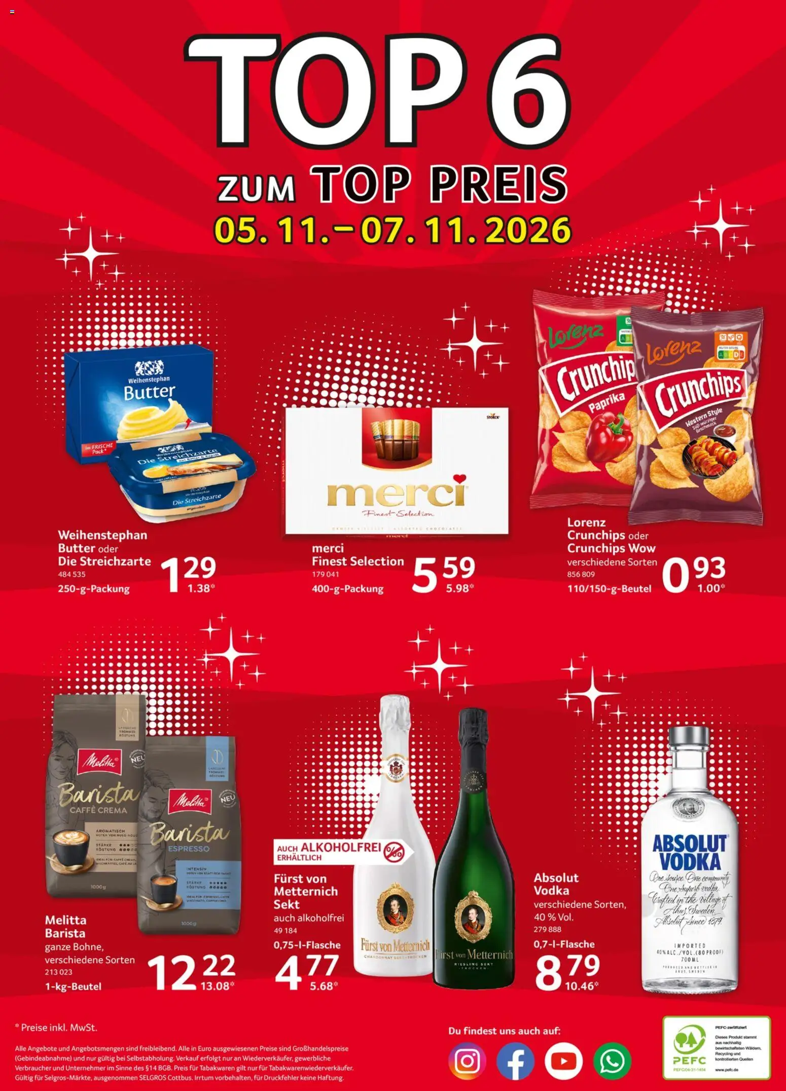 Vorschau von dem Prospekt des Geschäftes Selgros, gültig ab dem 05.11.2026 - Butter, Top, Paprika, Merci, Sekt, Melitta, Weihenstephan butter, Furst von metternich