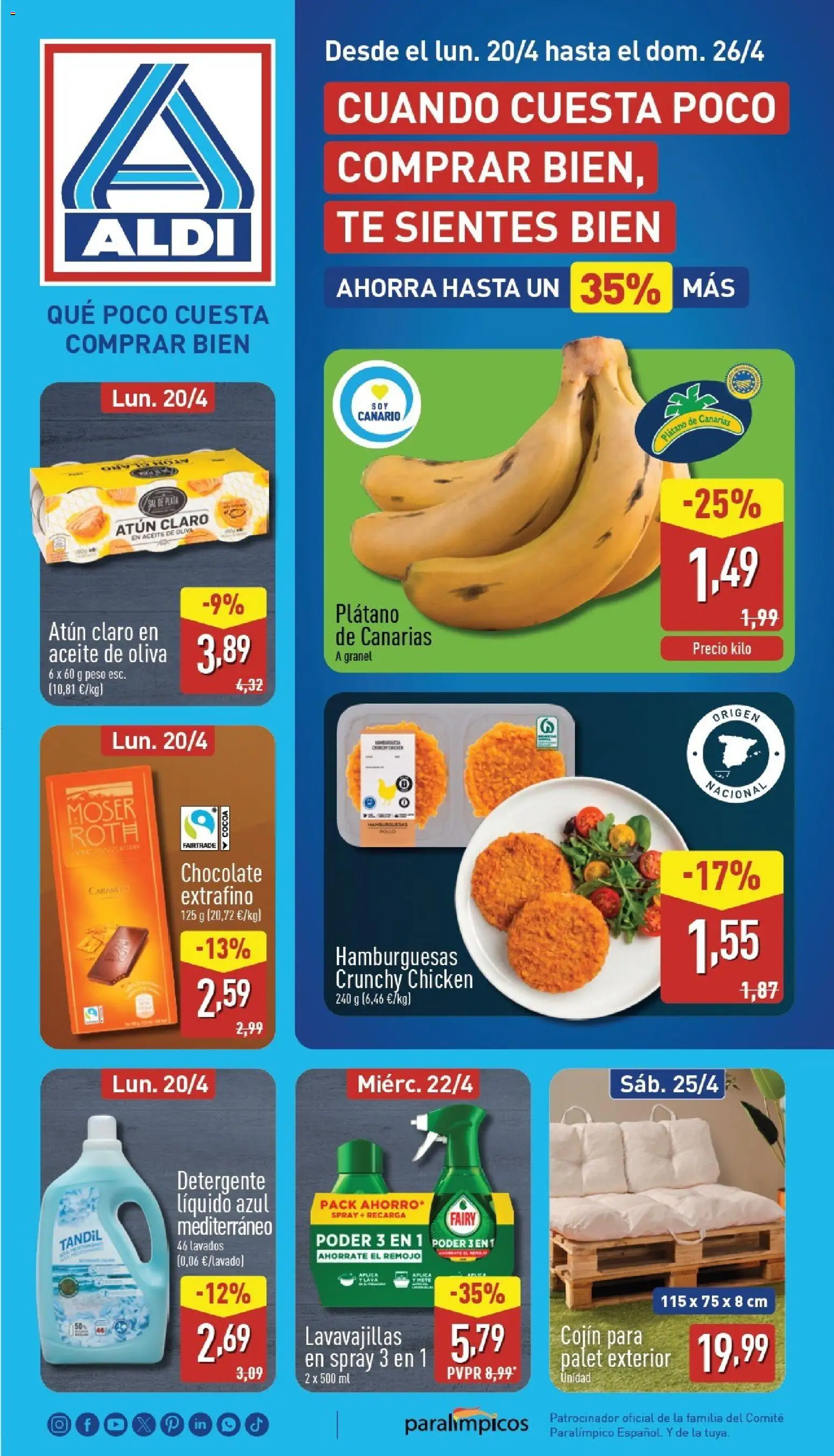 Vista previa del folleto de la tienda Aldi válido desde el 20/04/2026 - Aceite de oliva, Chocolate, Lavavajillas, Atún, Cojín, Detergente, Detergente líquido, Atún claro