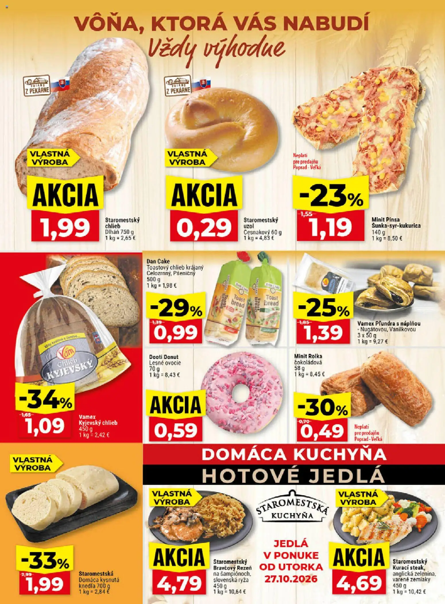 Náhľad Klas letáku platného od 26.10.2026 - Kuchyňa, Knedľa, Ovocie, Chlieb, Ryža, Donut, Toastový chlieb, Hotové jedlá