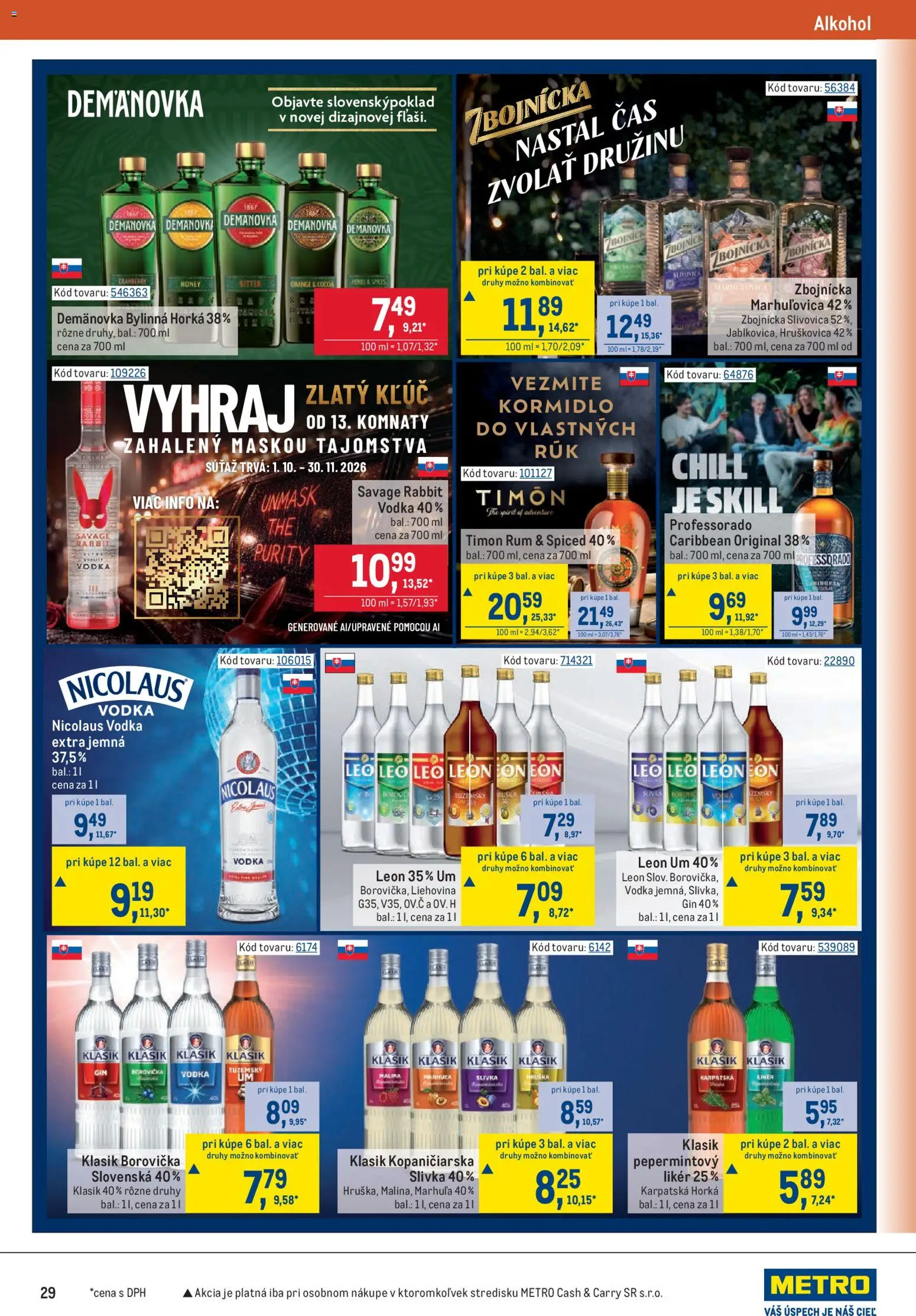 Náhľad Metro letáku platného od 07.10.2026 - Alkohol, Rum, Vodka, Borovička, Gin, Nicolaus vodka, Slivovica, Masky