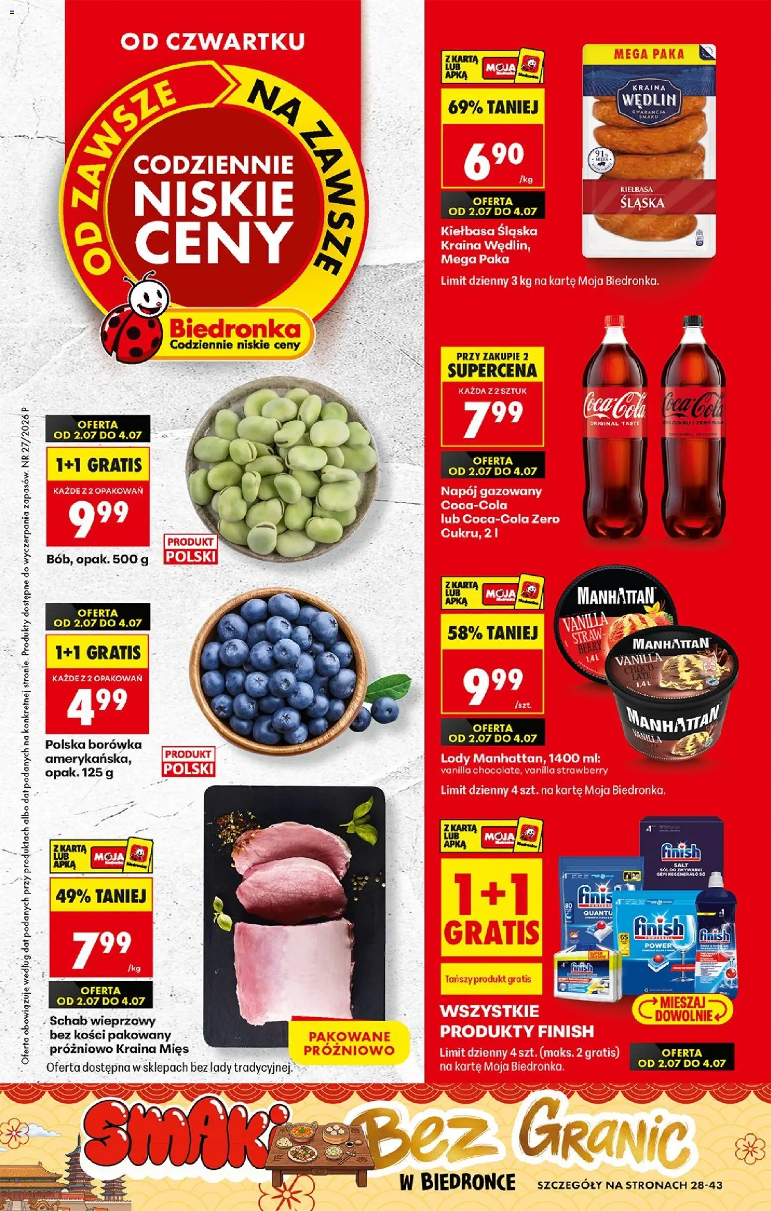Náhled nabídky: Biedronka Polsko Biedronka Polsko leták - Codziennie niskie ceny platný od 02.07.2026 - Coca cola, Manhattan, Cola, Finish