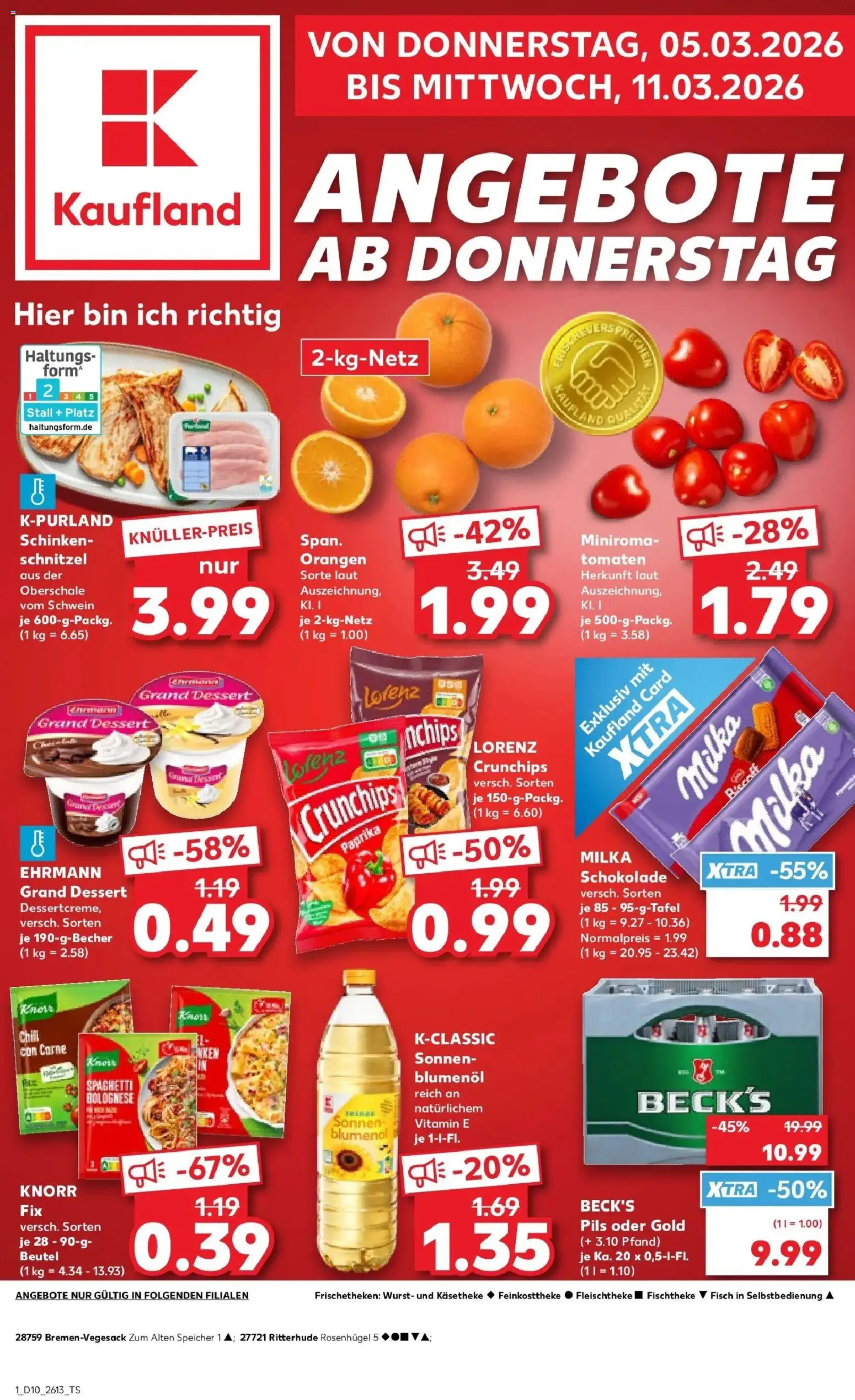 Vorschau von dem Prospekt des Geschäftes Kaufland, gültig ab dem 05.03.2026 - Schnitzel, Fisch, Milka schokolade, Paprika, Knorr, Knorr fix, Orangen, Lorenz crunchips