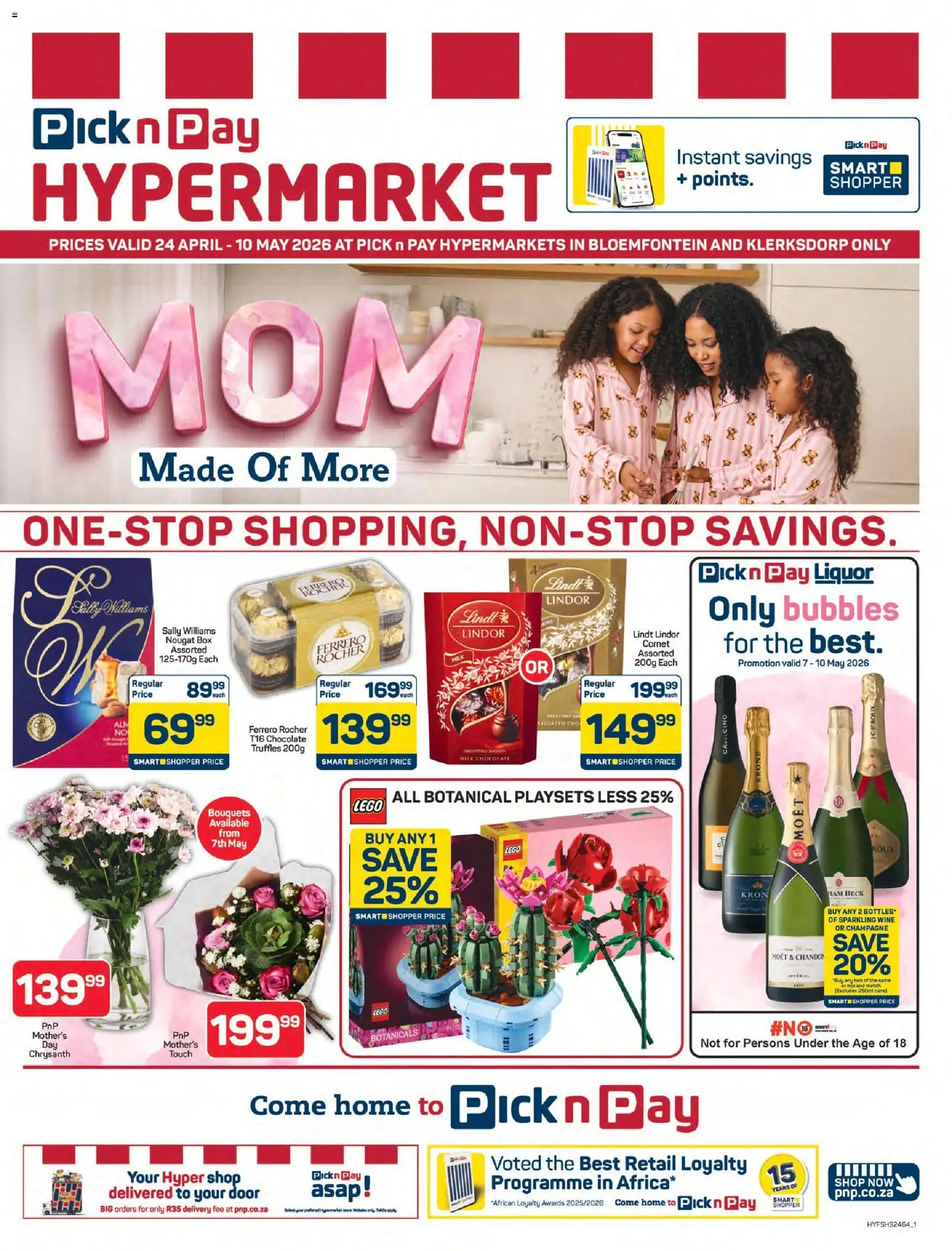 Preview of Pick n Pay flyer valid from 24/04/2026 - LEGO, Chocolate, Wine, Box, Milk, Moet, Ham