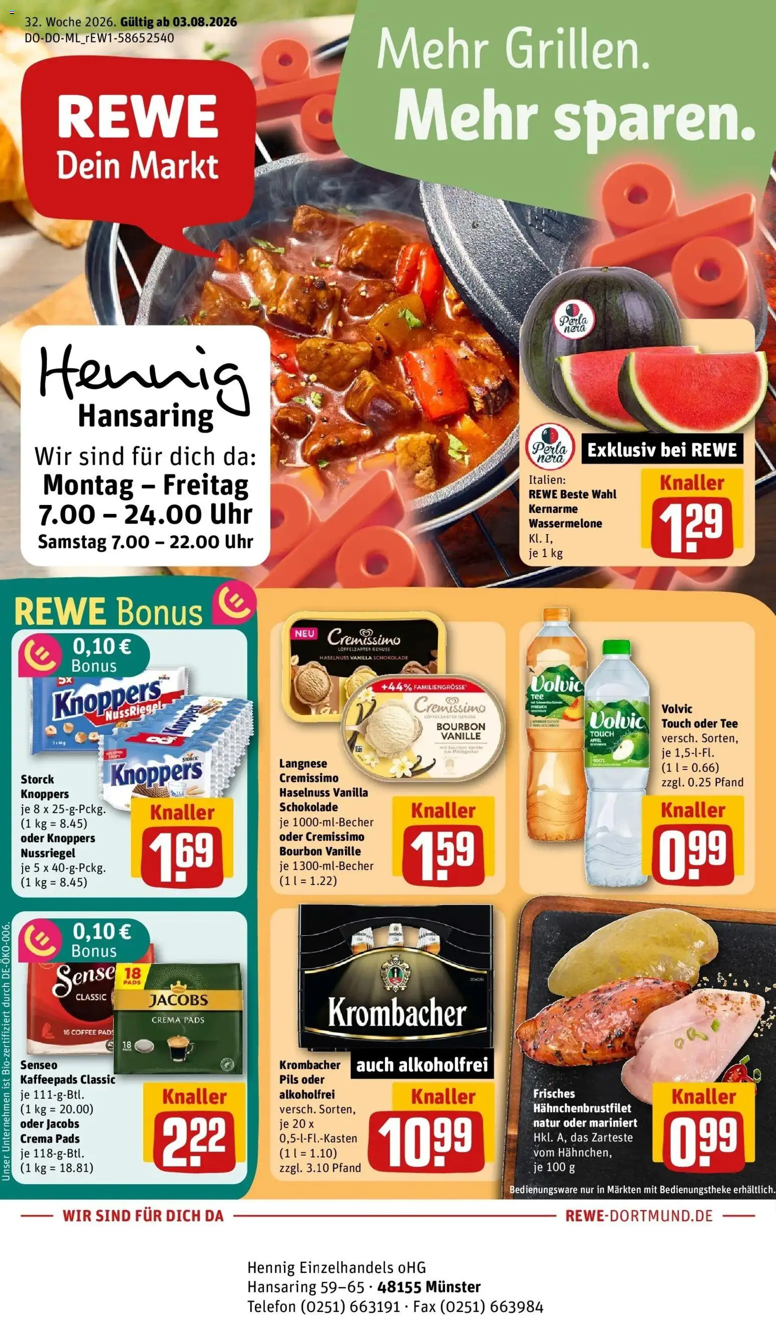 Vorschau von dem Prospekt des Geschäftes Rewe, gültig ab dem 03.08.2026 - Telefon, Tee, Krombacher, Zucker, Senseo, Knoppers, Langnese, Cremissimo