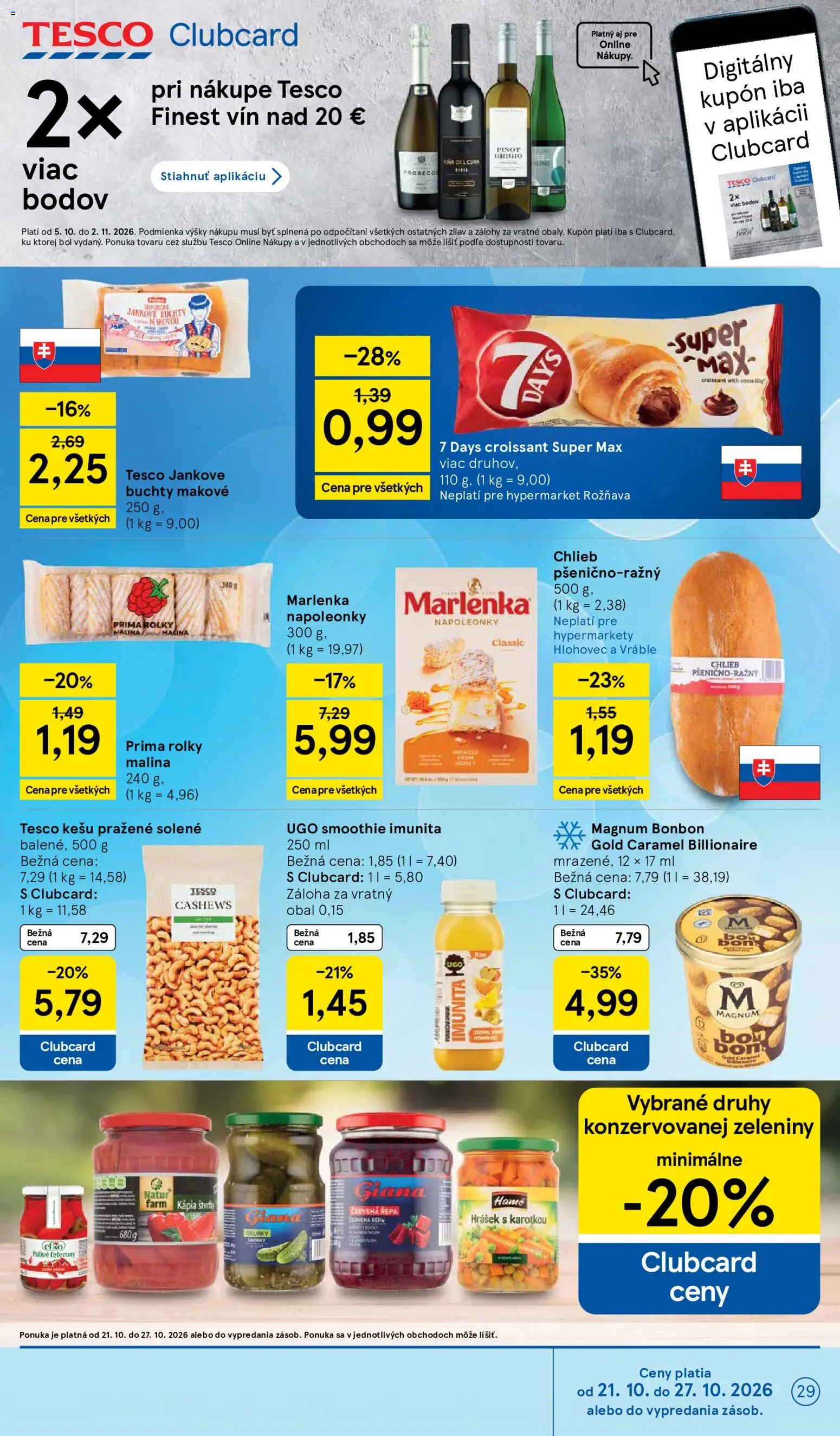 Náhľad Tesco letáku platného od 21.10.2026 - Marlenka, Croissant, Chlieb, Smoothie, Magnum, Repa, Červená repa, Kápia