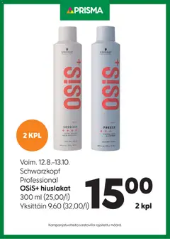 Kaupan Prisma Prisma tarjoukset Osis+ hiuslakat esikatselu, voimassa 12/08/2026