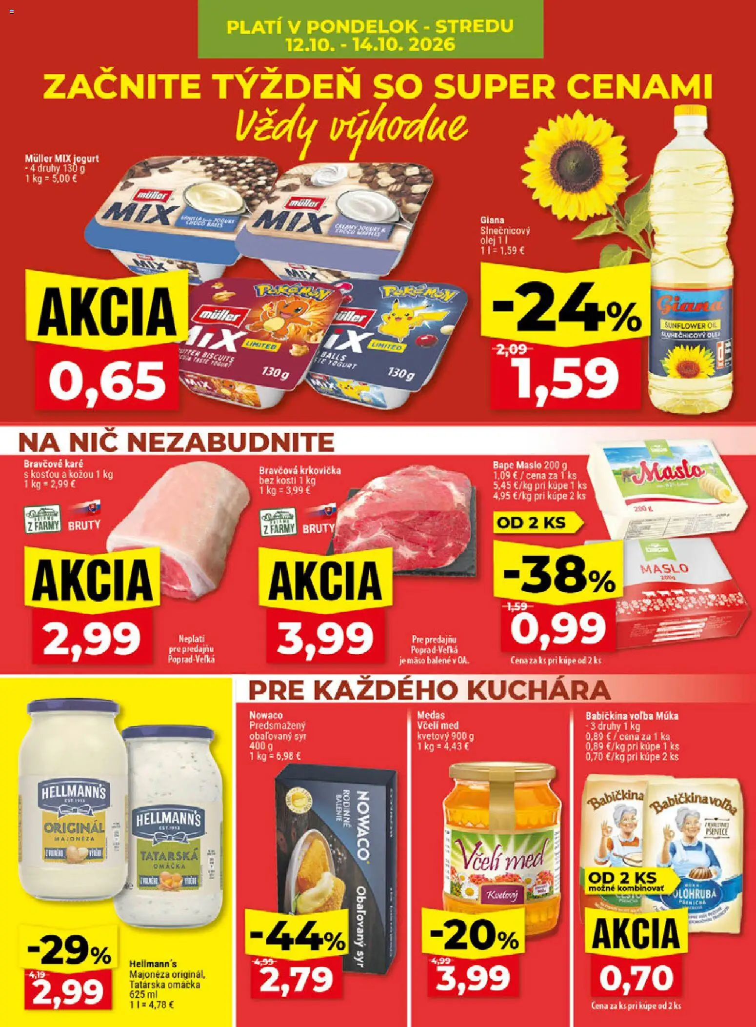 Náhľad Klas letáku platného od 12.10.2026 - Med, Mäso, Syr, Bravčové karé, Jogurt, Slnečnicový olej, Majonéza, Obaľovaný syr