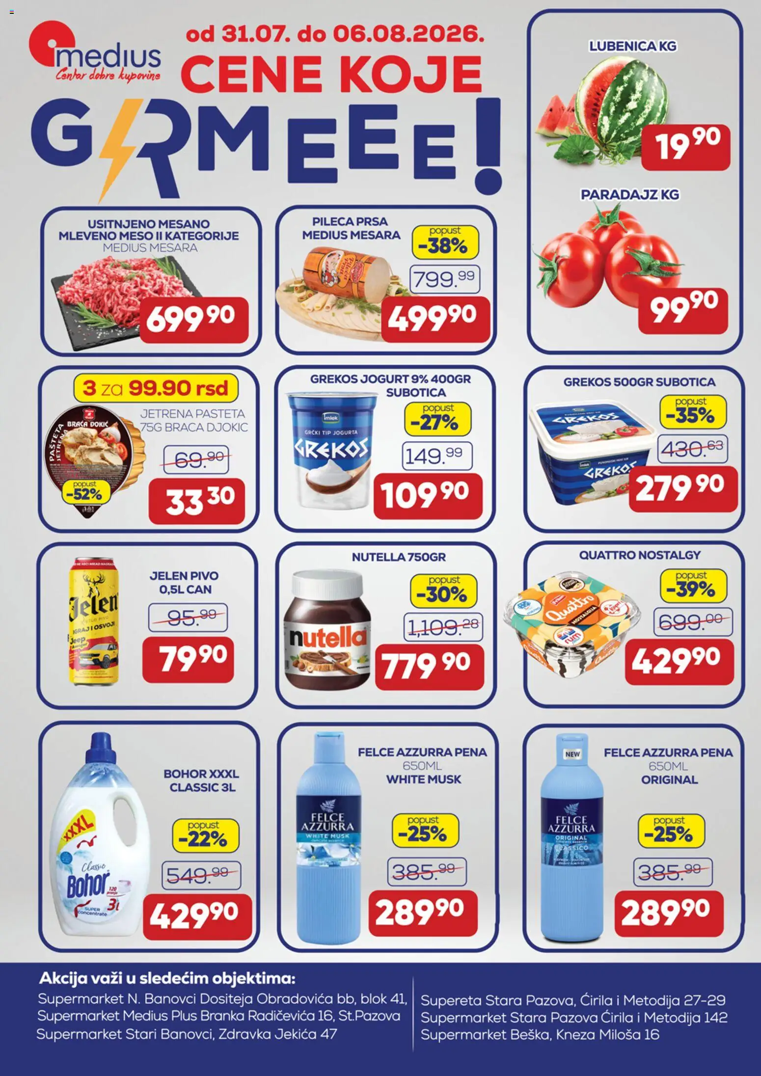 Pregled Medius kataloga - važi od 31.07.2026 - Pivo, Meso, Jogurt, Felce azzurra, Mleveno meso, Pašteta, Pena, Pileća prsa