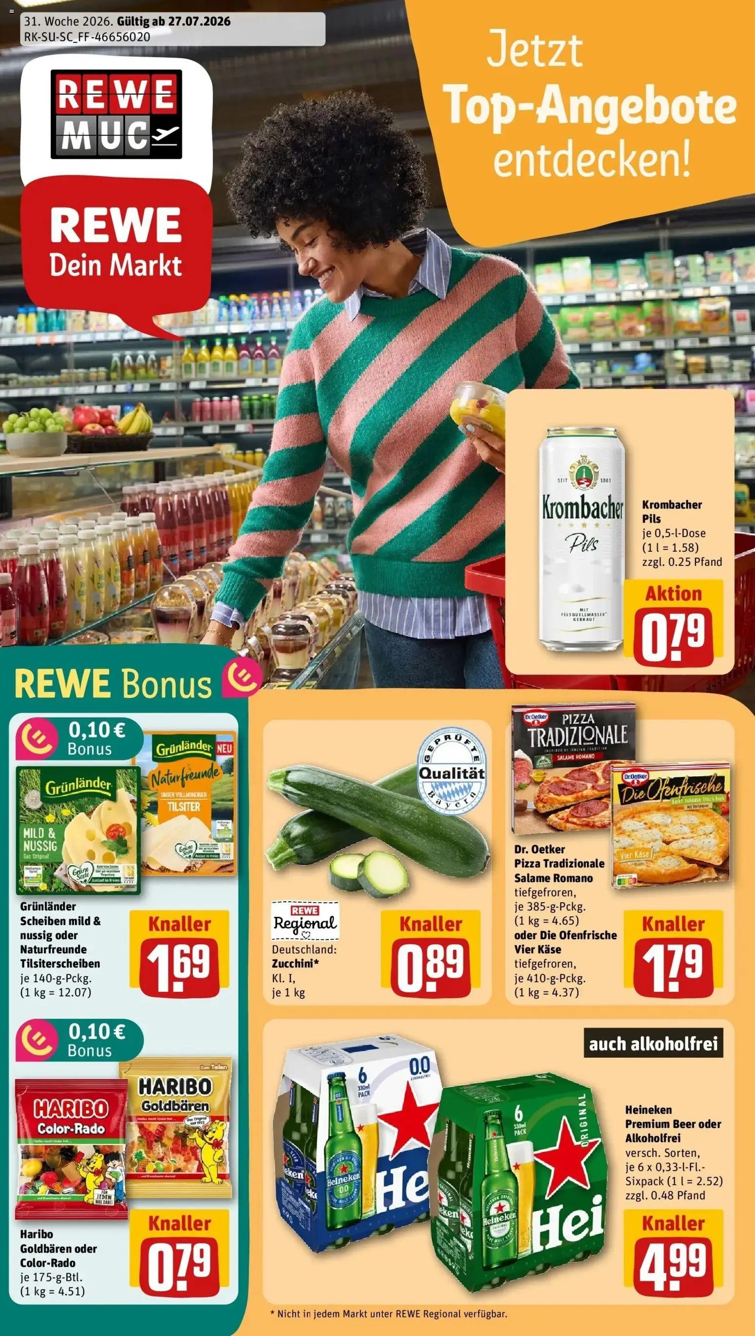 Vorschau von dem Prospekt des Geschäftes Rewe, gültig ab dem 27.07.2026 - Pizza, Käse, Haribo, Krombacher, Heineken, Pils, Ofenfrische, Grunlander