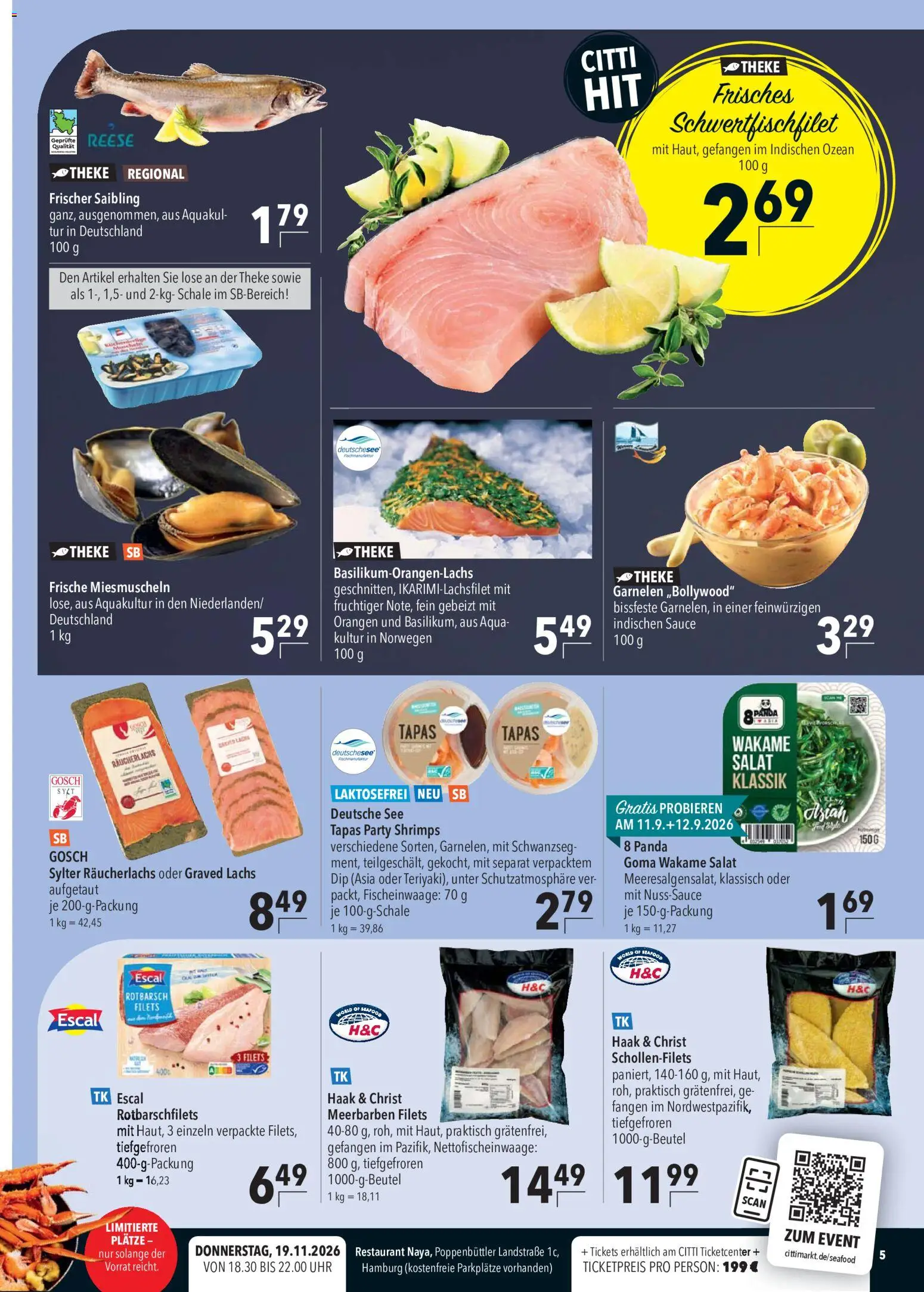 Vorschau von dem Prospekt des Geschäftes CITTI Markt, gültig ab dem 09.09.2026 - Uhr, Salat, Garnelen, Lachs, Tür, Theke, Räucherlachs, Orangen
