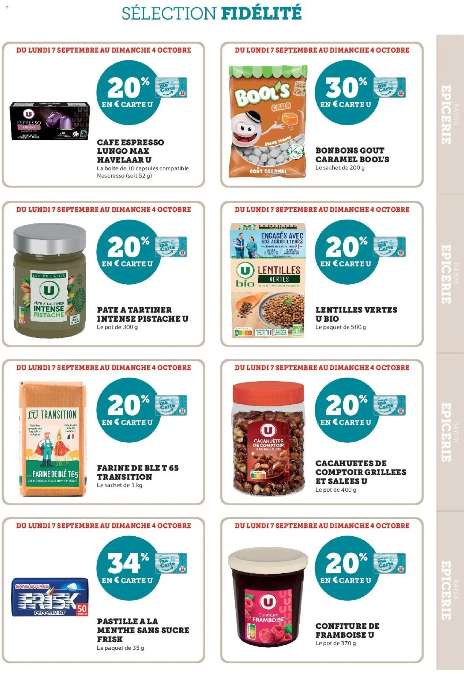 Prévisualisation de Super U - Ma sélection Carte U Septembre du magasin Super U formulaire valide 07/09/2026 - Café, Bonbons, Sucre, Framboise, Capsules, Pâte à tartiner, Lentilles vertes, Farine de ble