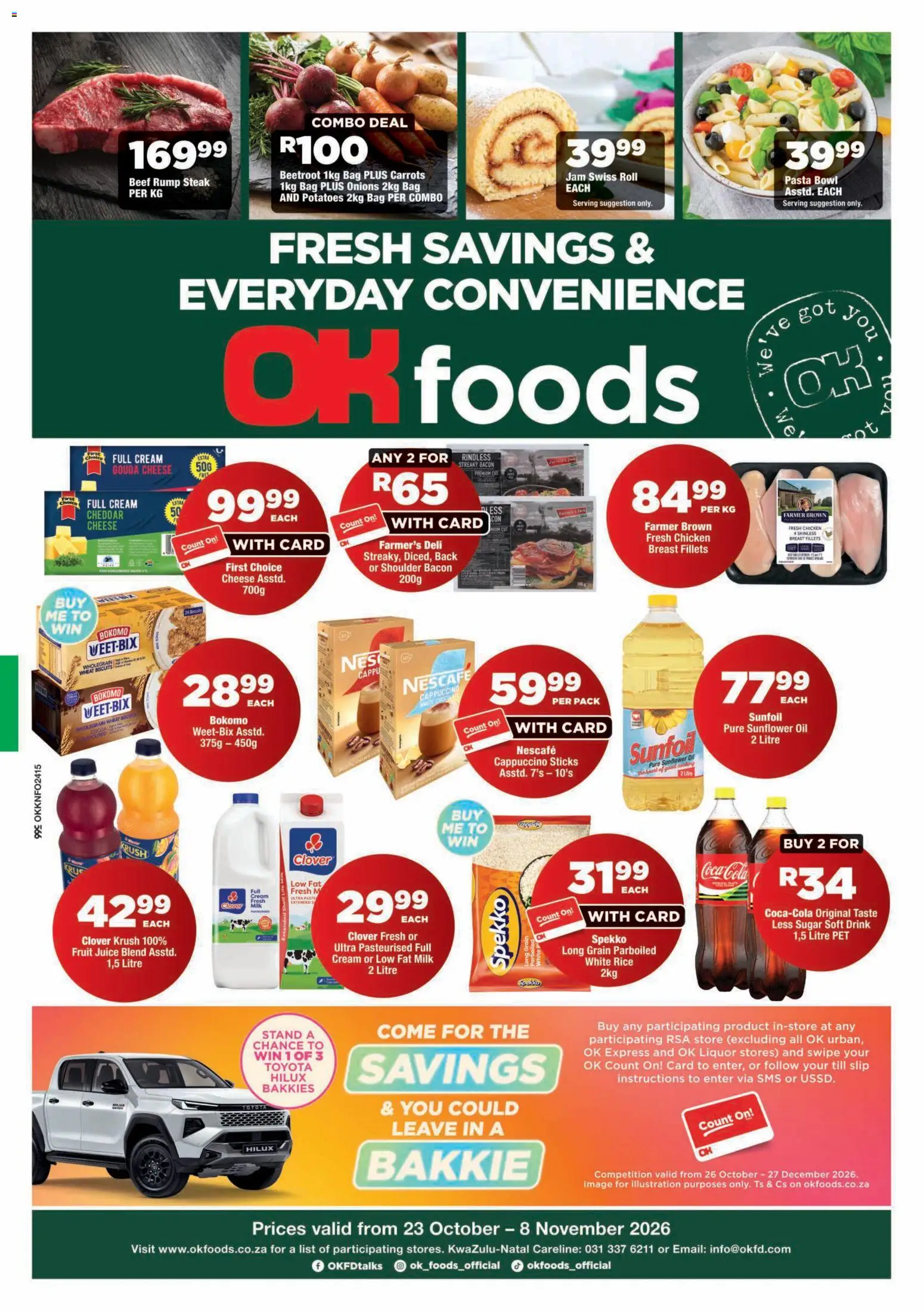 Preview of OK Foods flyer valid from 23/10/2026 - Jam, Milk, Juice, Rump steak, Cream, Onions, Beef, Bacon