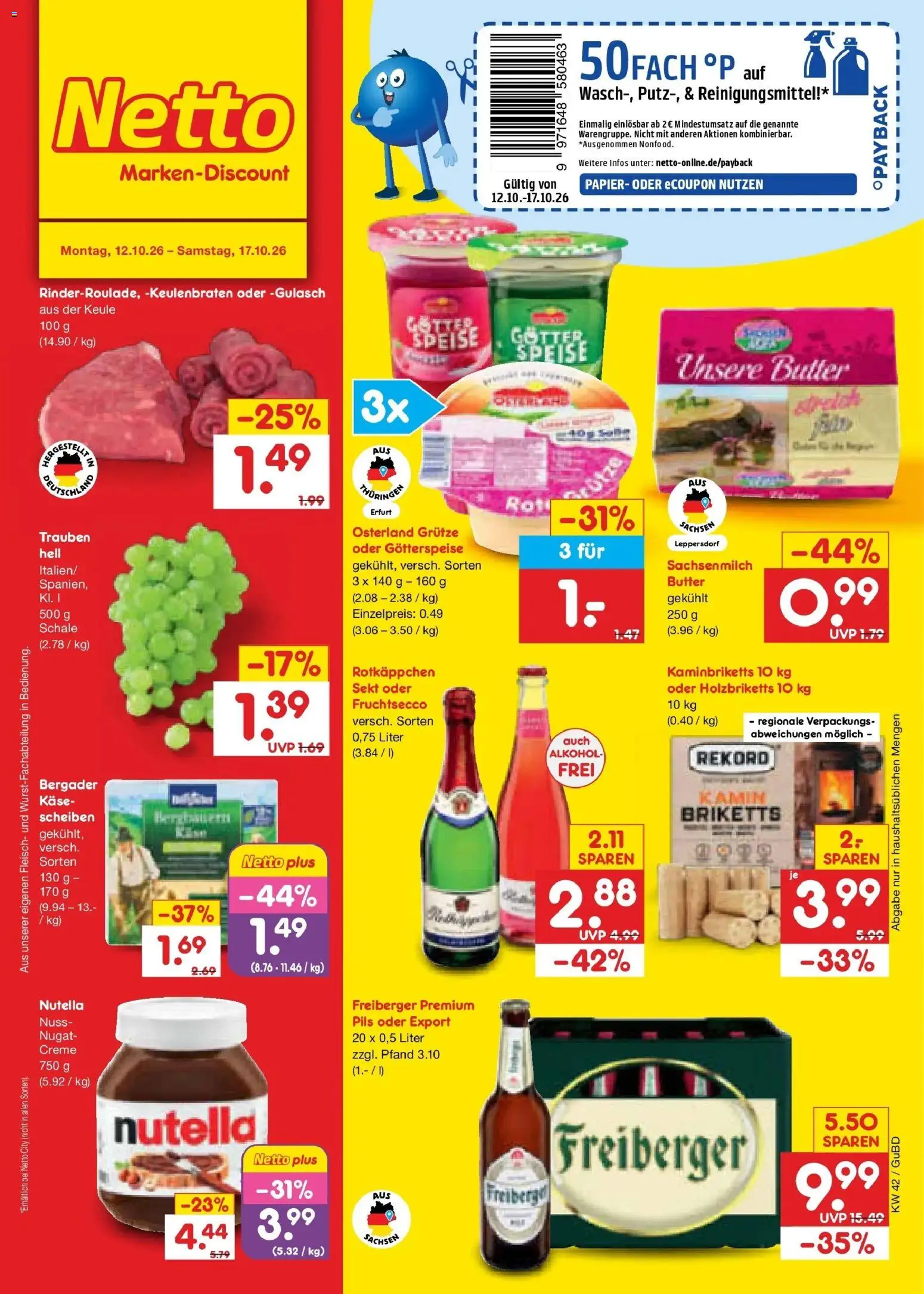 Vorschau von dem Prospekt des Geschäftes Netto Marken-Discount, gültig ab dem 12.10.2026 - Butter, Käse, Gulasch, Alkohol, Kamin, Rotkäppchen, Fleisch, Creme