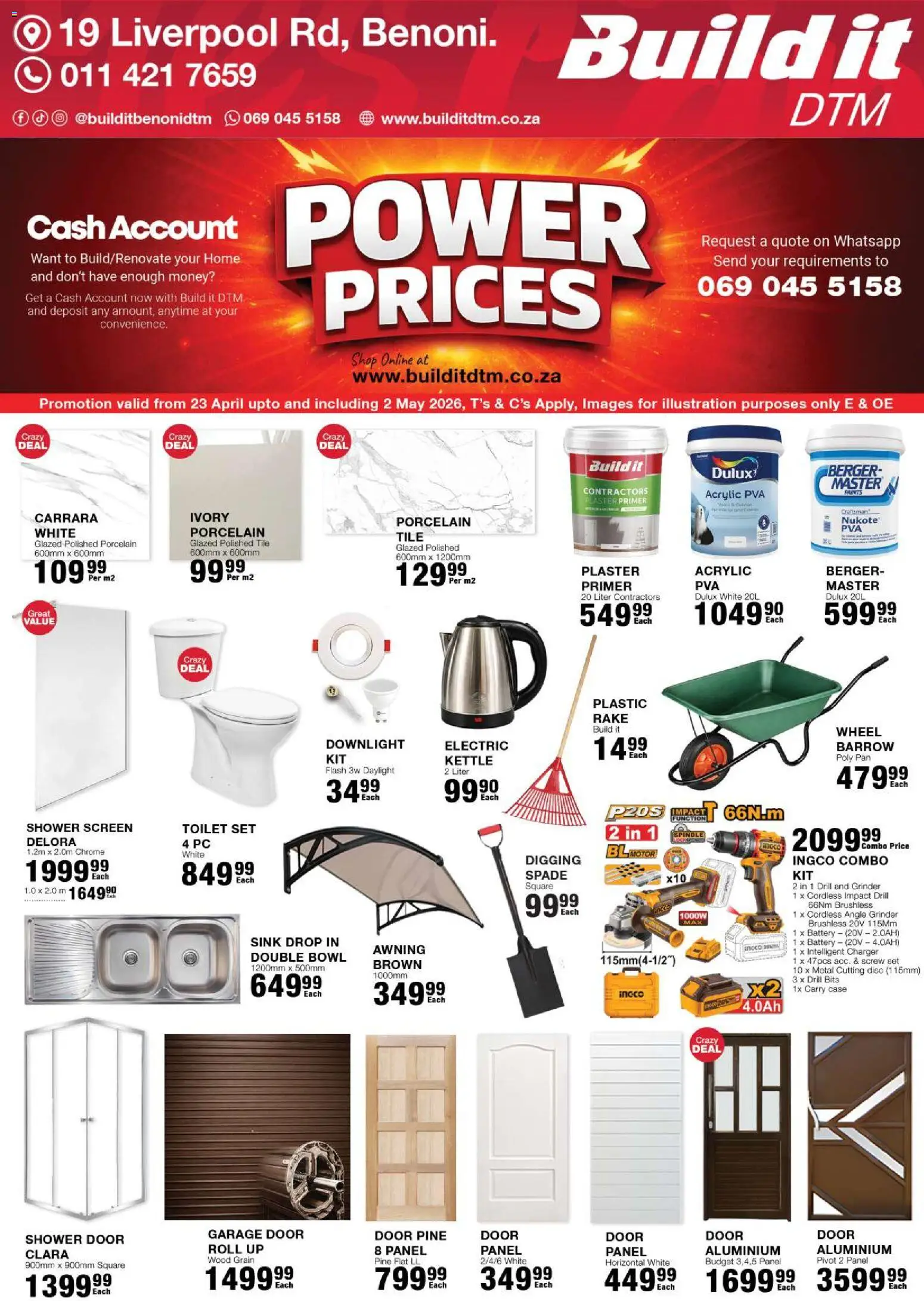 Preview of Build It flyer valid from 23/04/2026 - Kettle, Toilet, Shower, Drill, Bowl, Spade, Angle grinder, Case