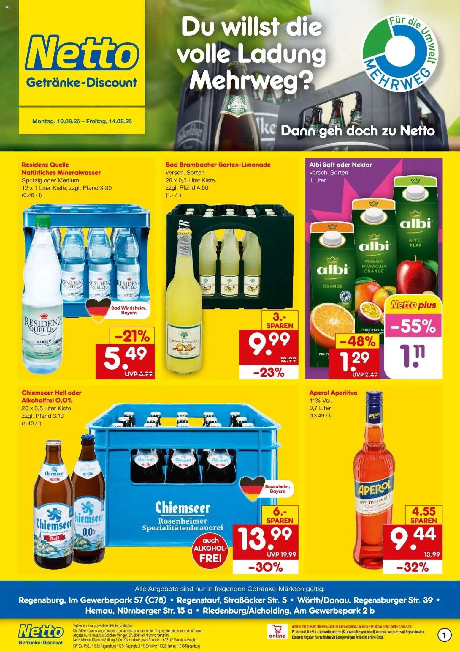 Vorschau von dem Prospekt des Geschäftes Netto Marken-Discount, gültig ab dem 10.08.2026 - Mango, Äpfel, Aperol, Bad, Mineralwasser, Alkohol, Saft