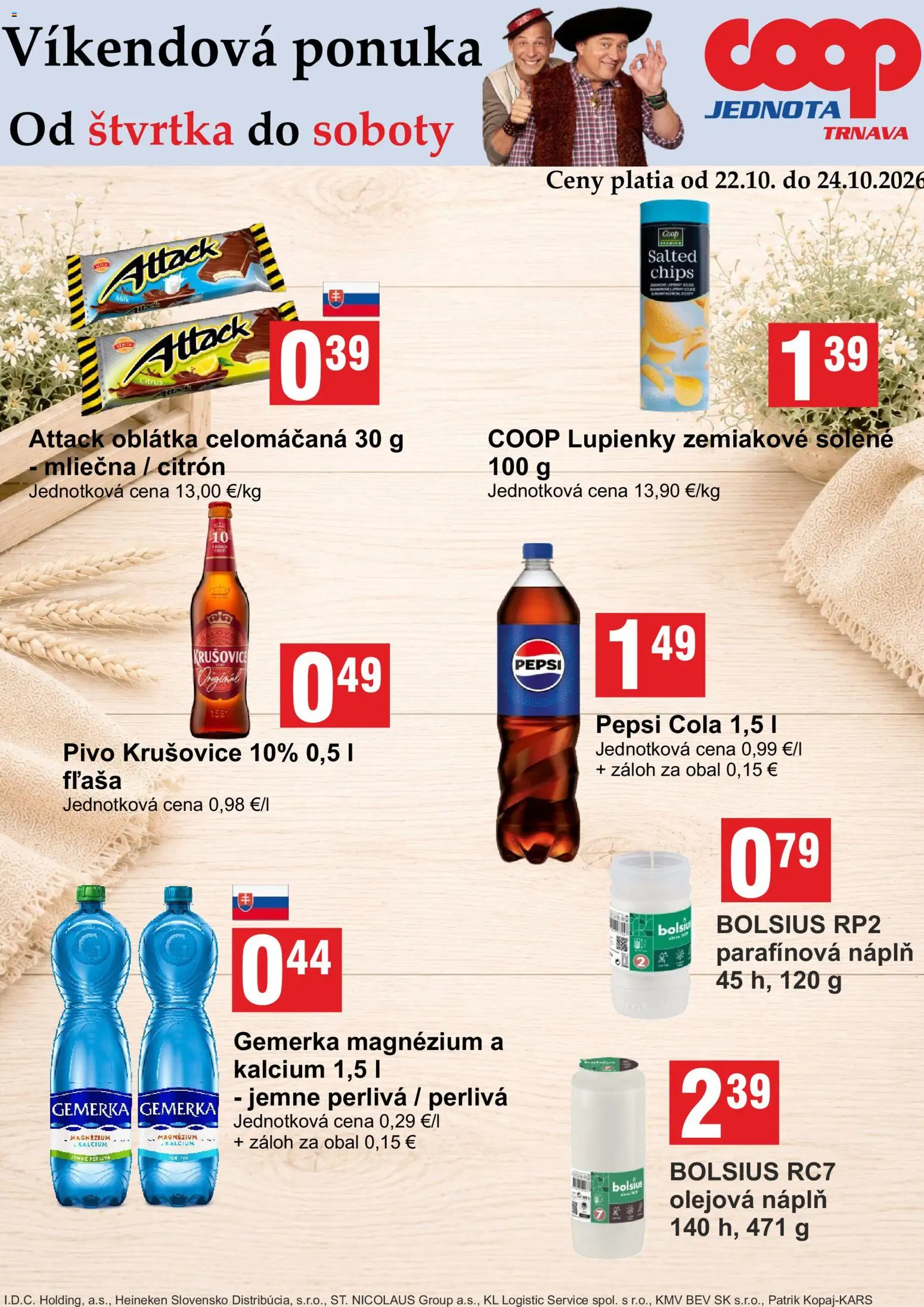 Náhľad COOP Jednota letáku platného od 22.10.2026 - Pivo, Heineken, Pepsi, Krušovice, Cola, Gemerka