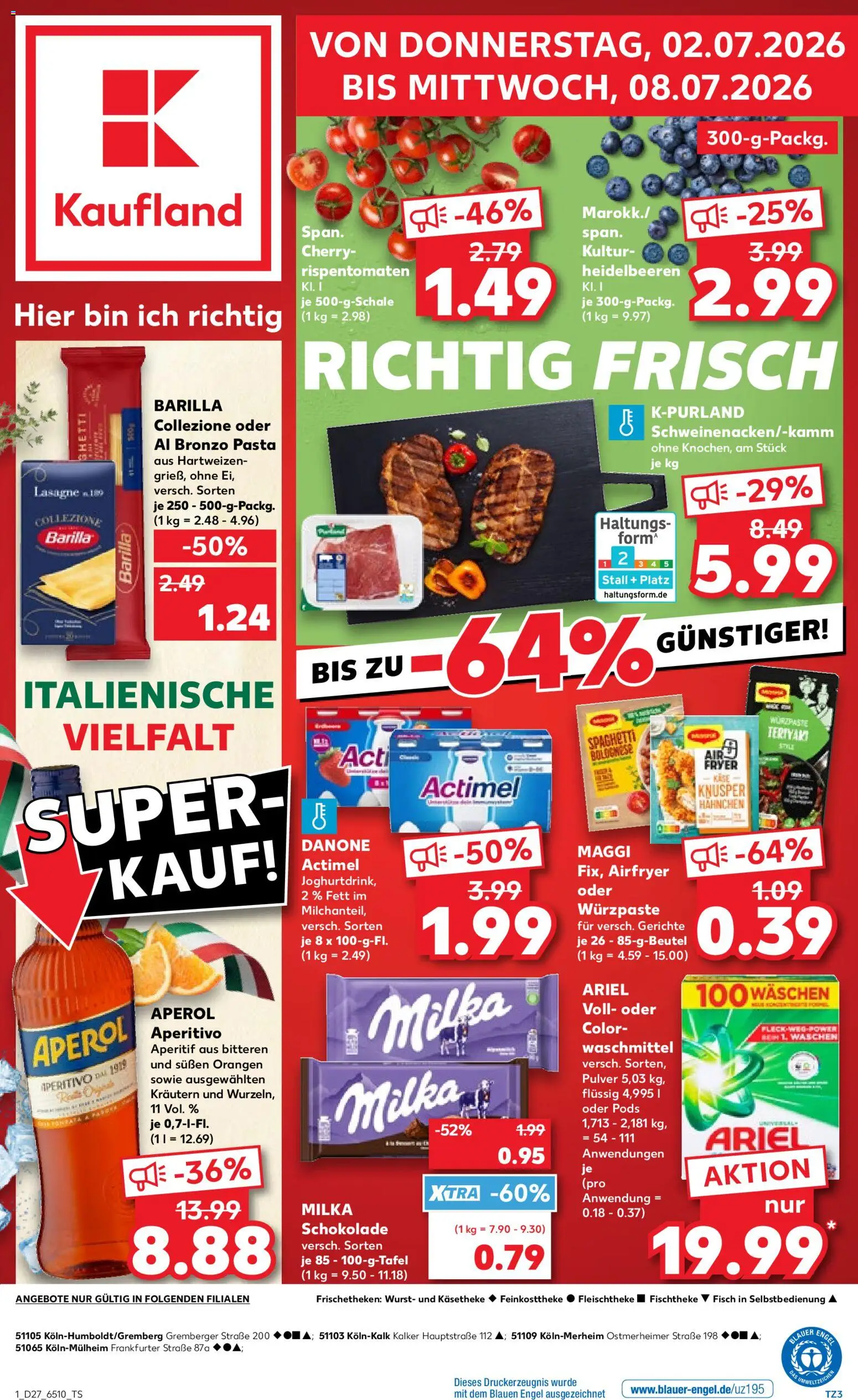 Vorschau von dem Prospekt des Geschäftes Kaufland, gültig ab dem 02.07.2026 - Gerichte, Pasta, Heidelbeeren, Milka, Ariel, Barilla, Waschmittel, Hahnchen