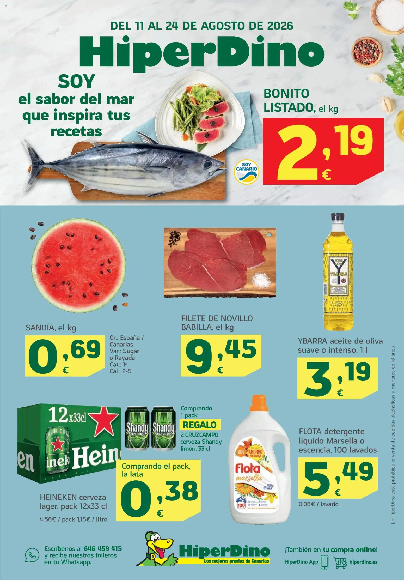 Vista previa del folleto de la tienda HiperDino válido desde el 11/08/2026 - Aceite de oliva, Cerveza, Aceite, Heineken, Bebidas, Detergente, Filete