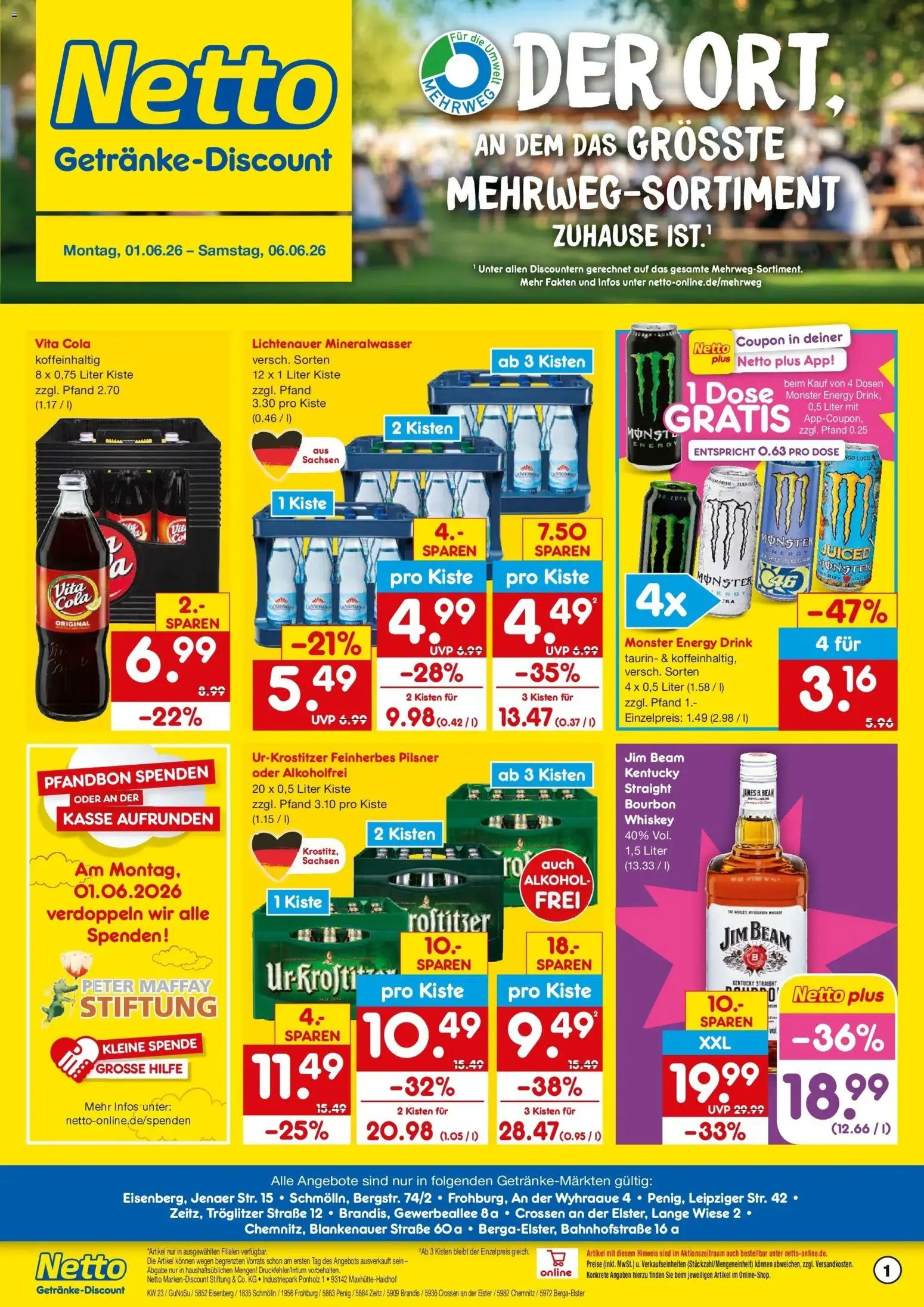 Vorschau von dem Prospekt des Geschäftes Netto Marken-Discount, gültig ab dem 01.06.2026 - Monster, Mineralwasser, Alkohol, Whiskey, Energy, Jim beam, Vita cola, Bourbon