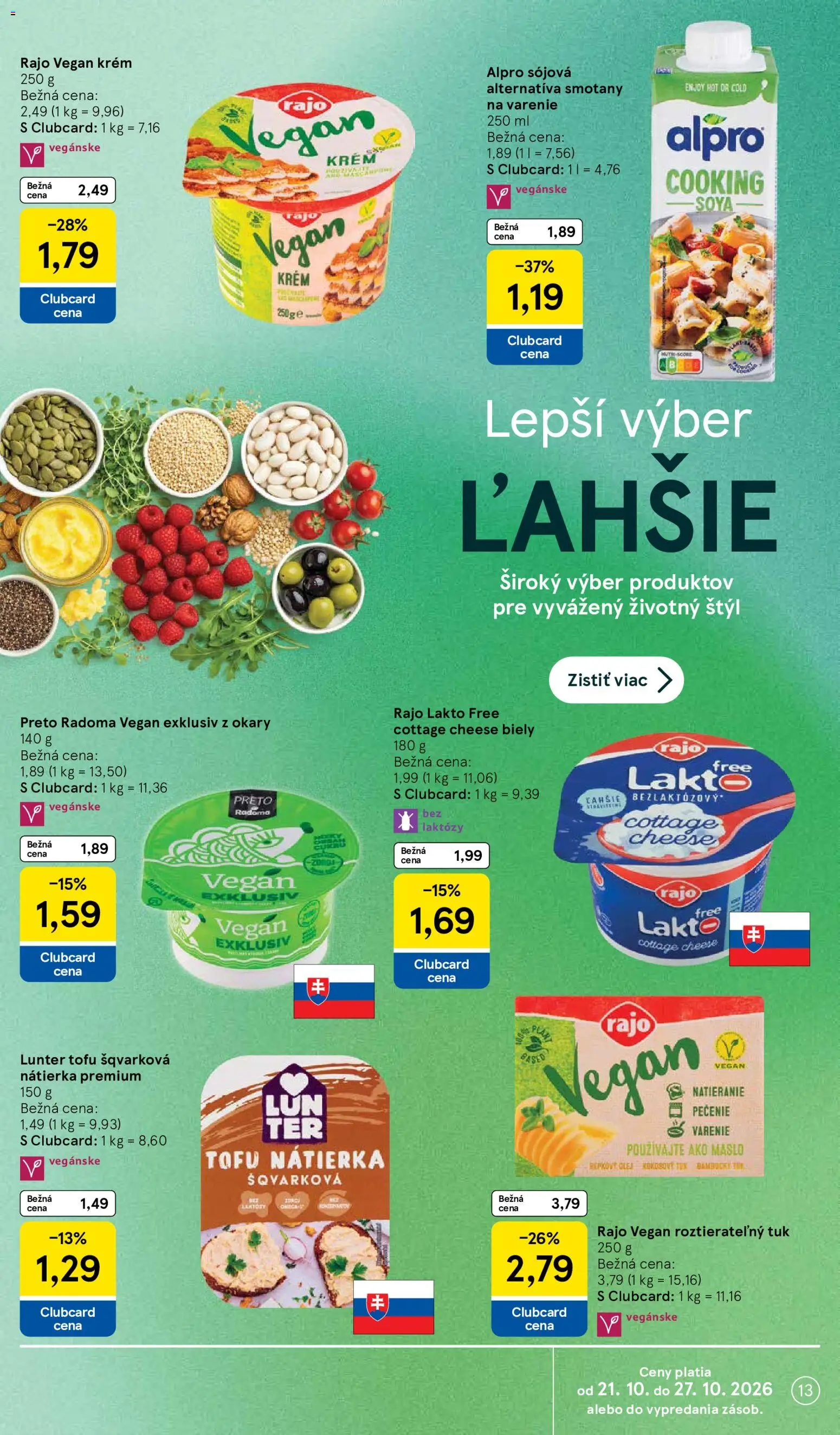 Náhľad Tesco letáku platného od 21.10.2026 - Maslo, Olej, Tofu, Cottage cheese, Alpro, Nátierka, Repkový olej, Krém